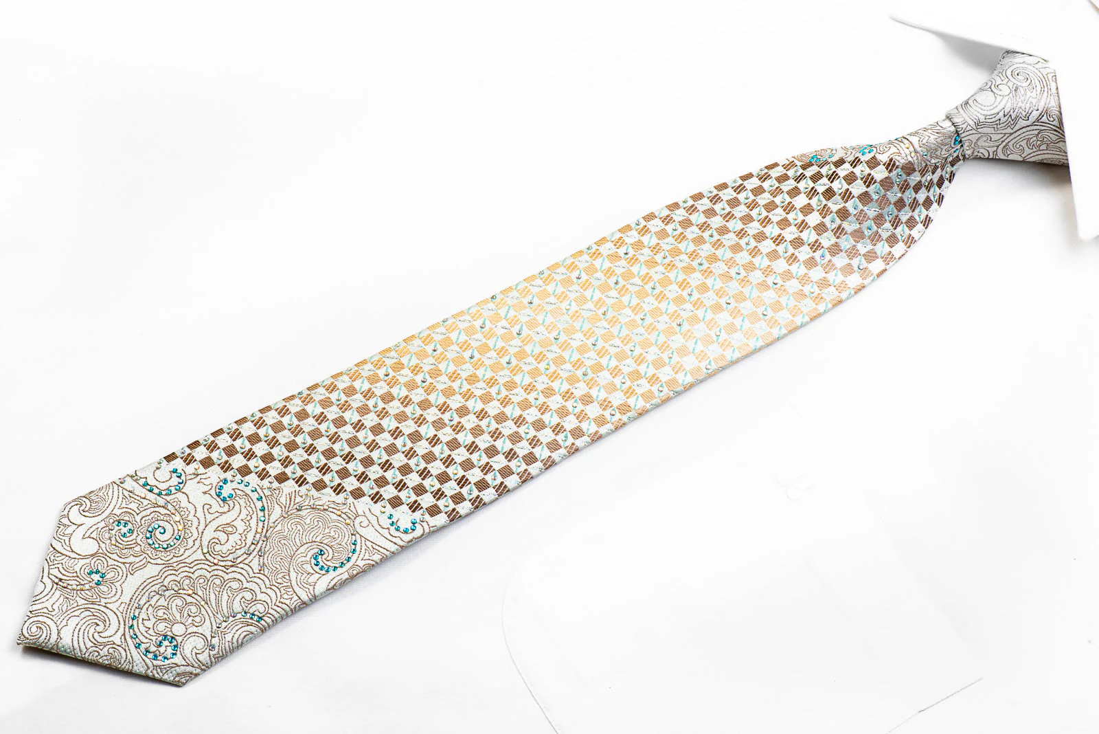 Premium Royal Rhinestone Silk Tie Gold Paisley Checkered On Pale Blue With Sparkles - Image 4