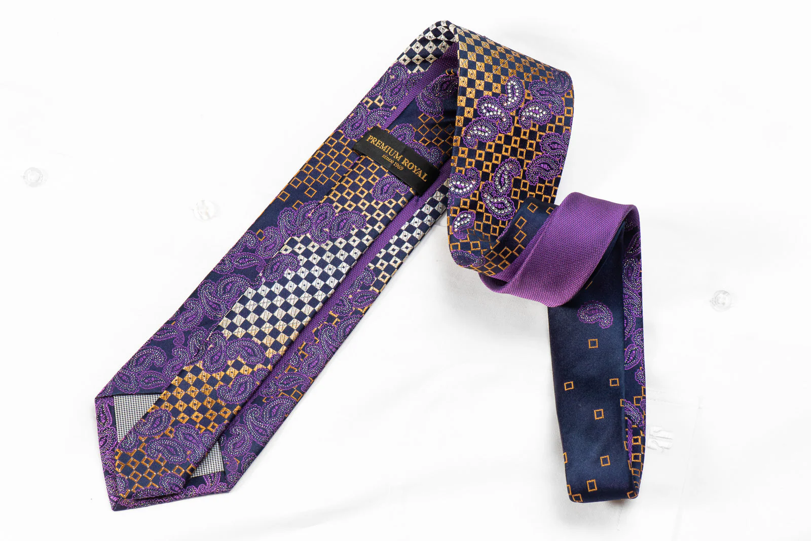 Purple Paisley Orange Checkered On Navy Rhinestone Tie With Sparkles - Image 5