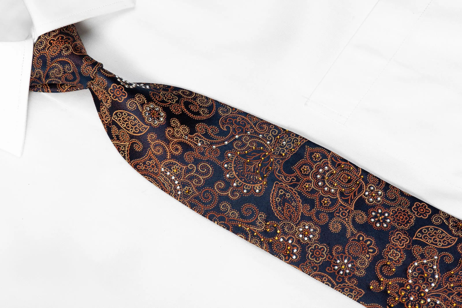 Principio Men's Crystal Rhinestone Tie Orange Anthemion On Navy Silk - Image 3