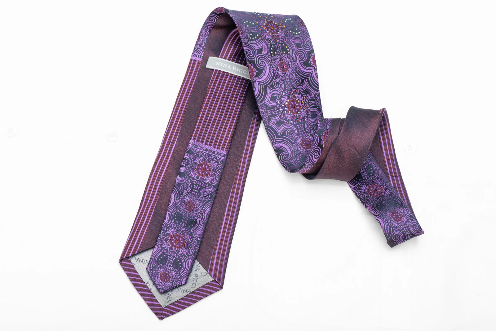 Purple Damask On Navy Rhinestone Necktie - Image 4
