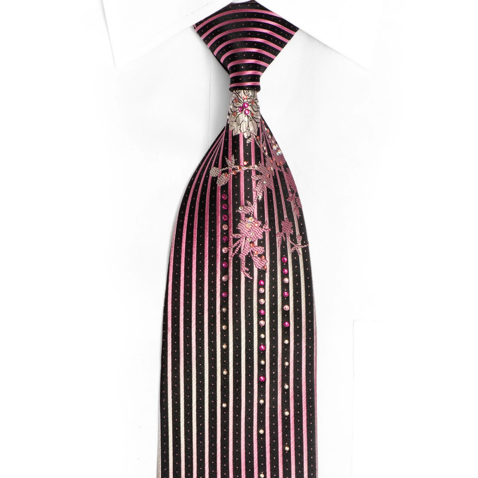 Purple Floral And Vertical Striped On Black Rhinestone Tie With Sparkles