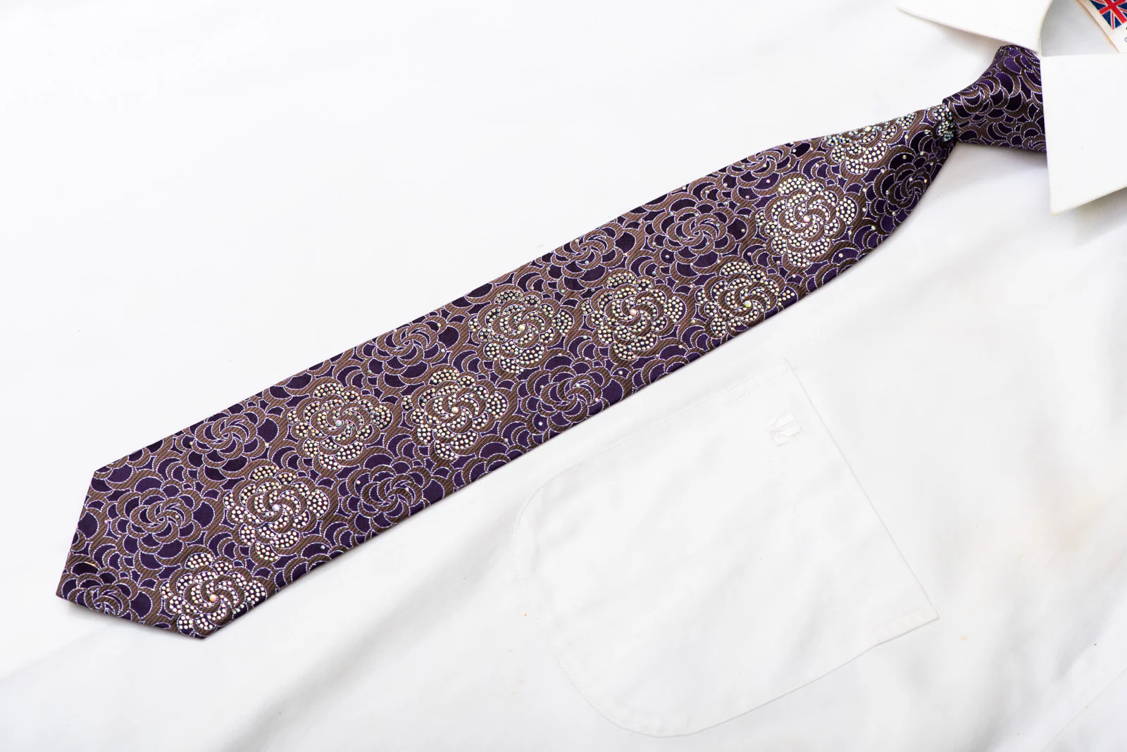 Purple Floral On Brown Rhinestone Silk Necktie With Sparkles - Image 3