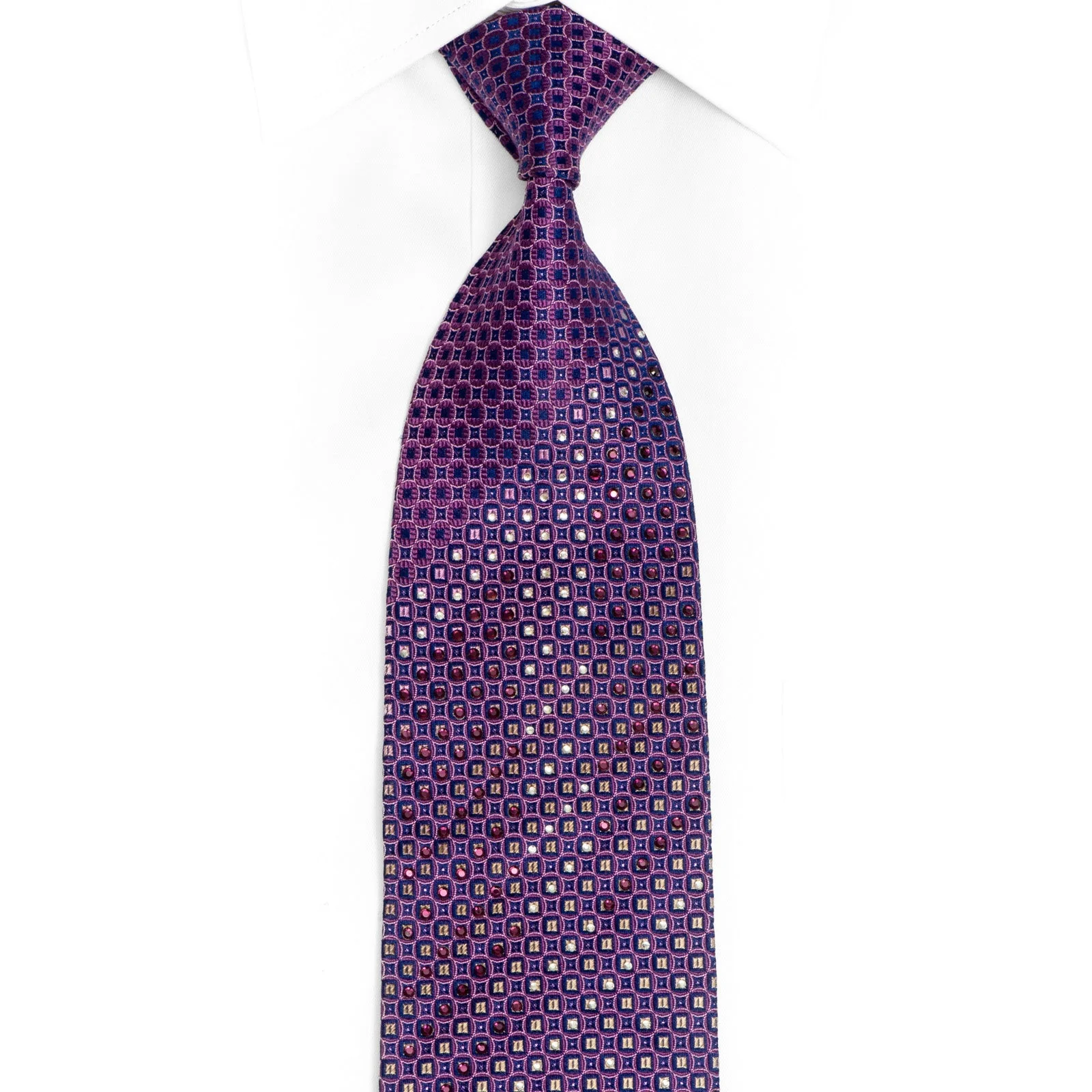 Purple Geometric Circles On Blue Rhinestone Silk Tie With Purple Sparkles