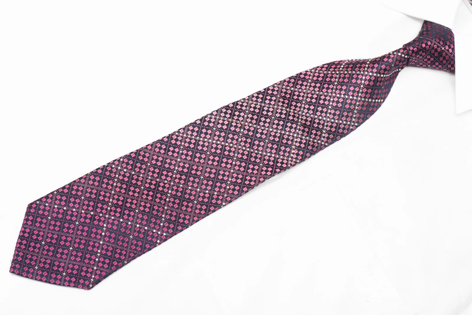 Purple Geometric Design On Navy Blue Rhinestone Silk Necktie With Silver Sparkles - Image 2