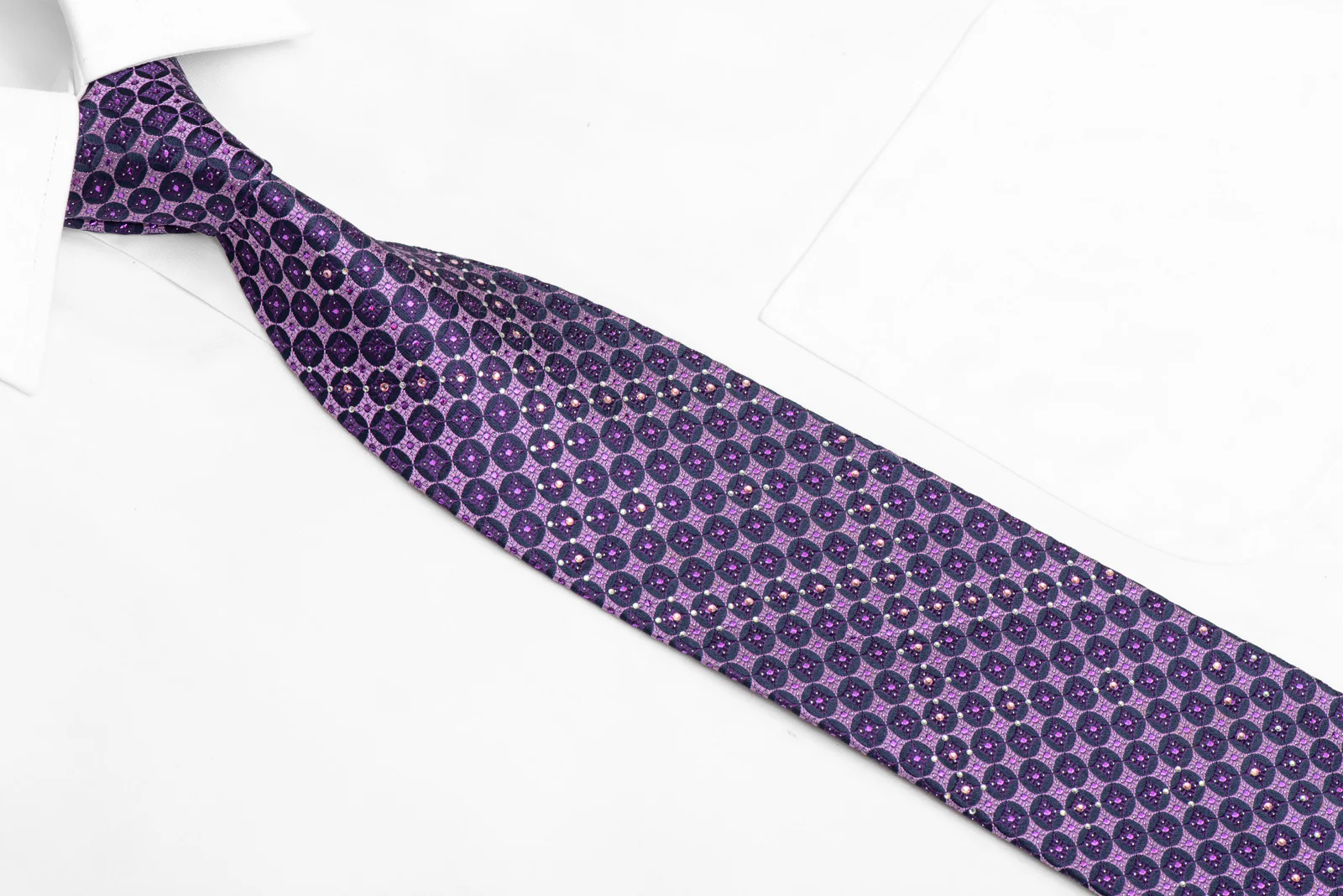 Purple Geometric On Navy Rhinestone Silk Necktie With Purple Sparkles - Image 2