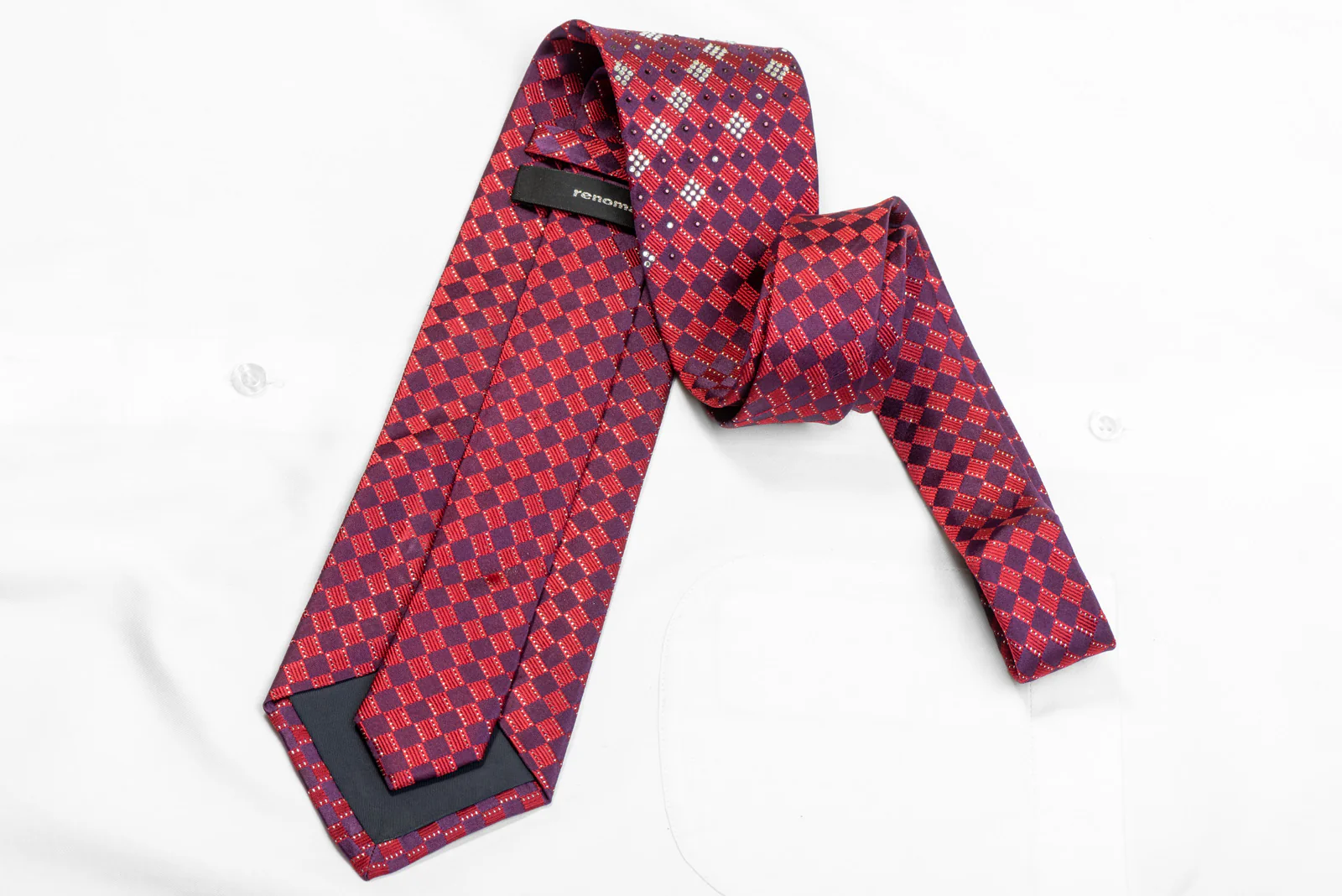 Purple Red Checkered Rhinestone Silk Necktie With Sparkles - Image 4