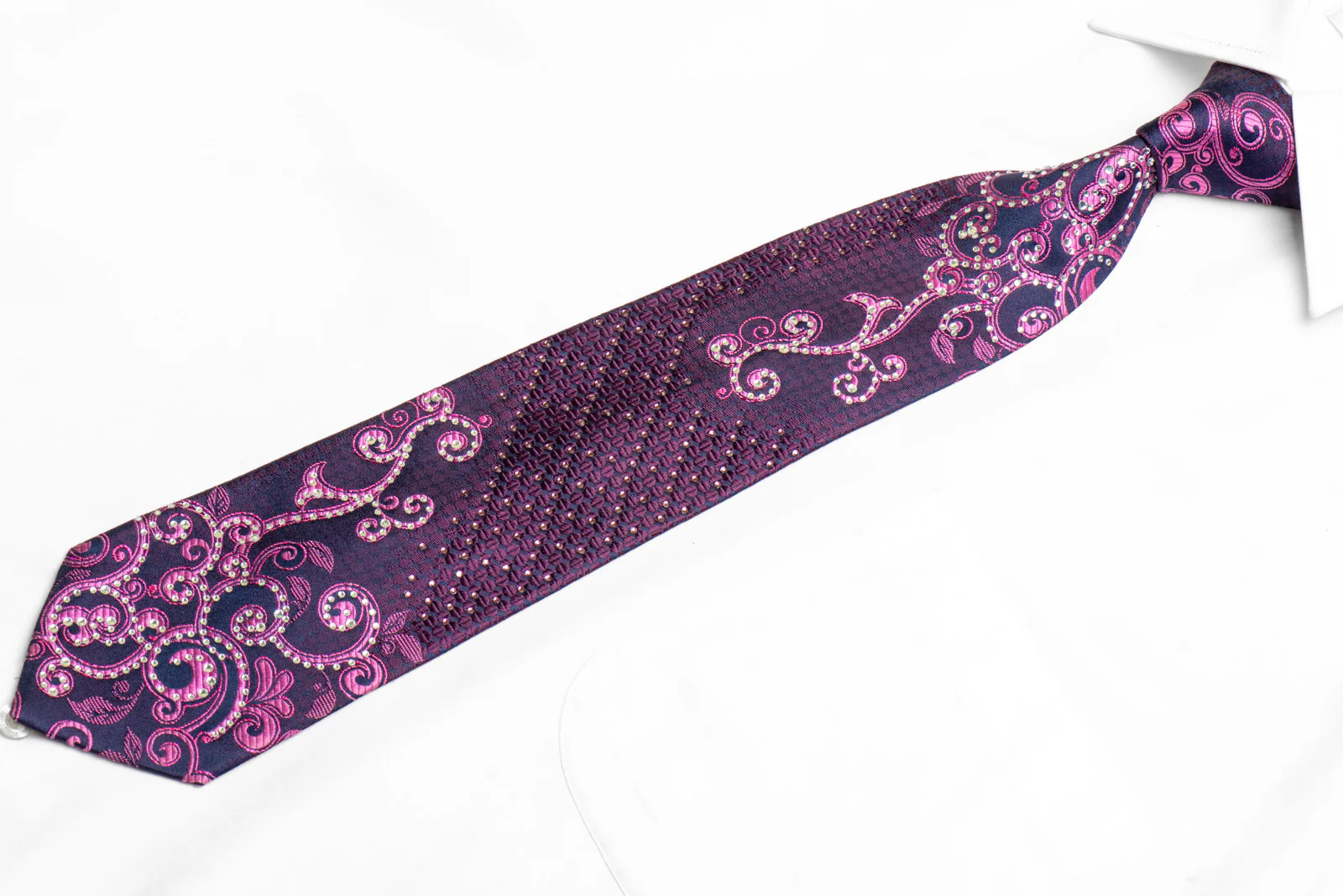 Purple Scrolls & Geometric On Navy Rhinestone Tie With Sparkles - Image 3
