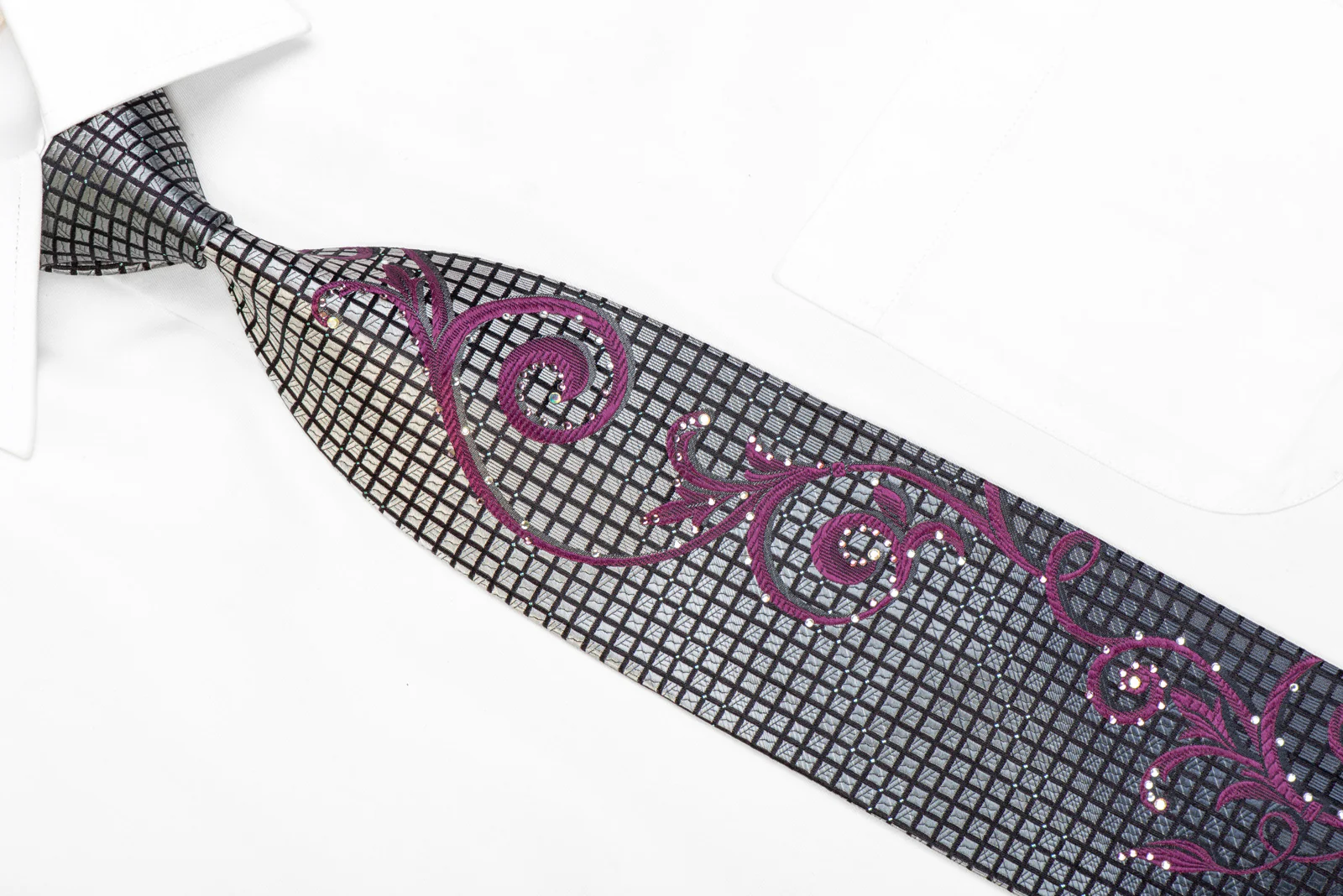 Purple Scrolls On Silver Black Rhinestone Necktie With Sparkles - Image 2