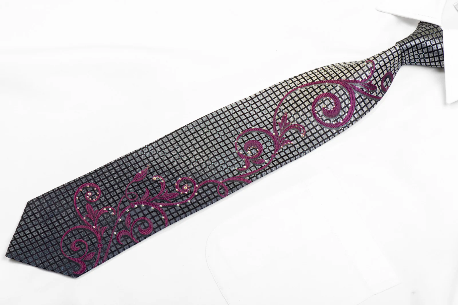 Purple Scrolls On Silver Black Rhinestone Necktie With Sparkles - Image 3
