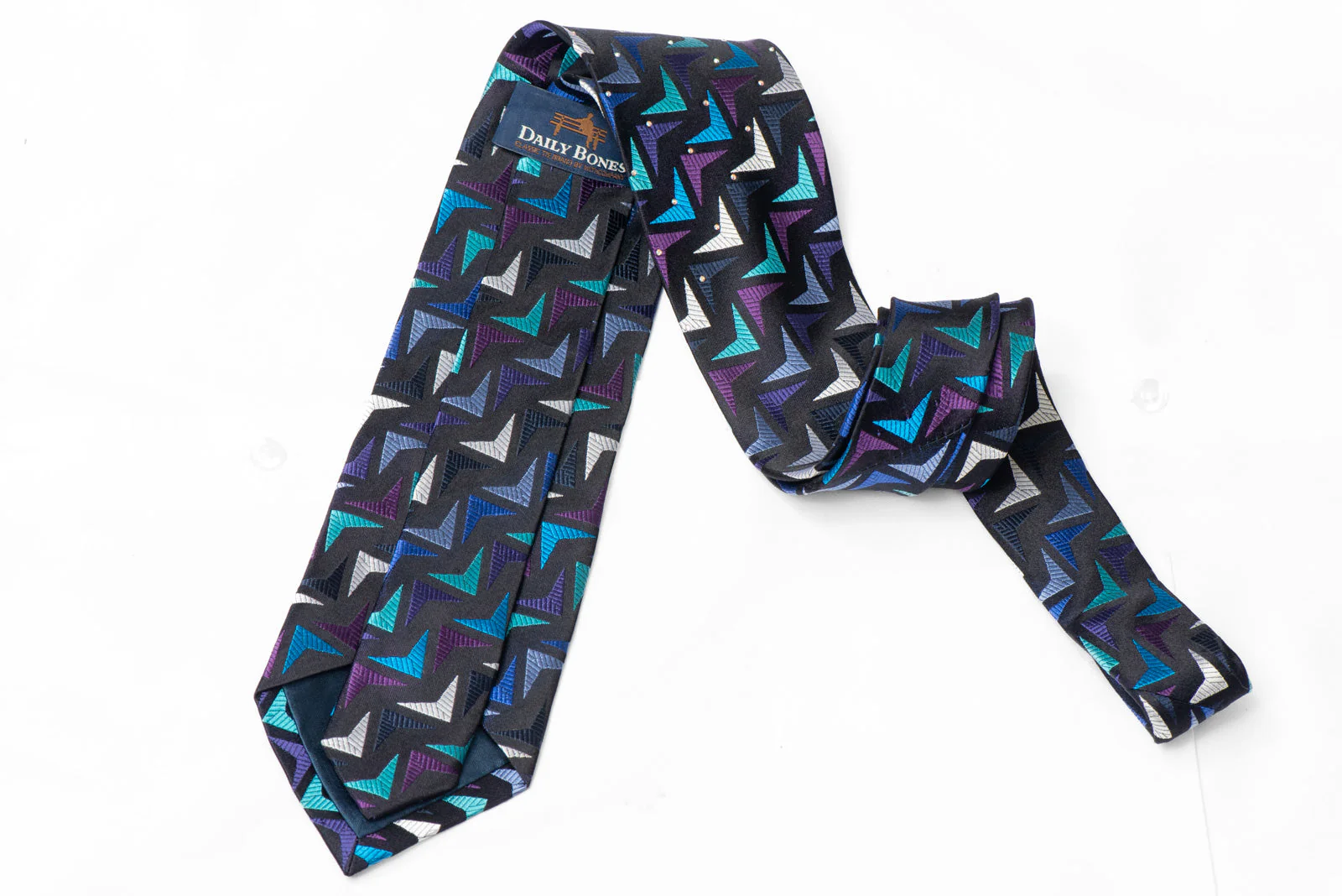 Purple Silver Geometric On Navy Rhinestone Silk Necktie - Image 3