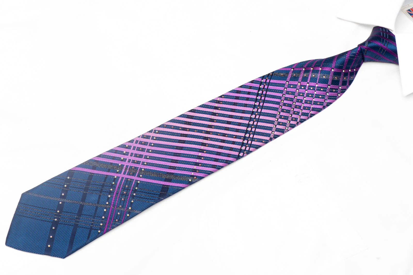 Purple Striped On Navy Blue Rhinestone Silk Necktie With Silver Sparkles - Image 2