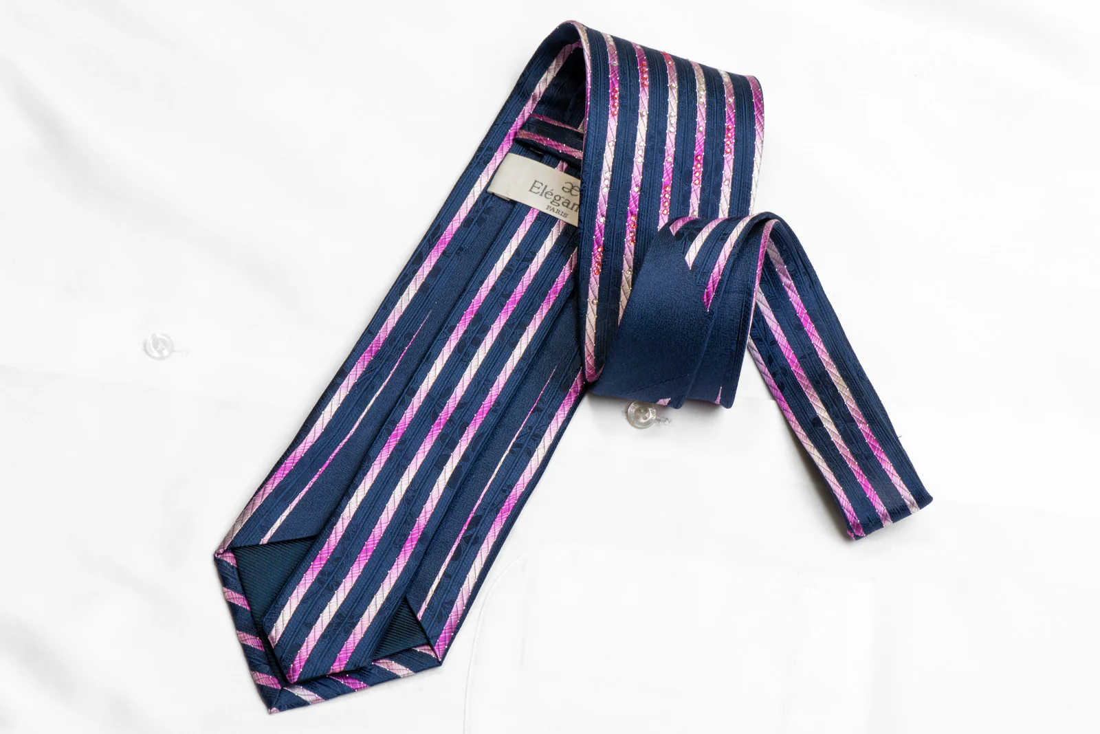 Purple Vertical Stripes On Navy Rhinestone Silk Necktie With Sparkles - Image 4