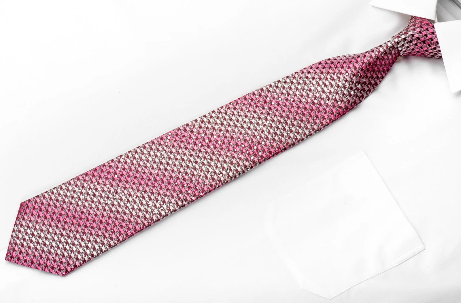 Raffaello Sanzio Mens Rhinestone Tie Pink Silver Geometric On Burgundy With Silver Sparkles - Image 2