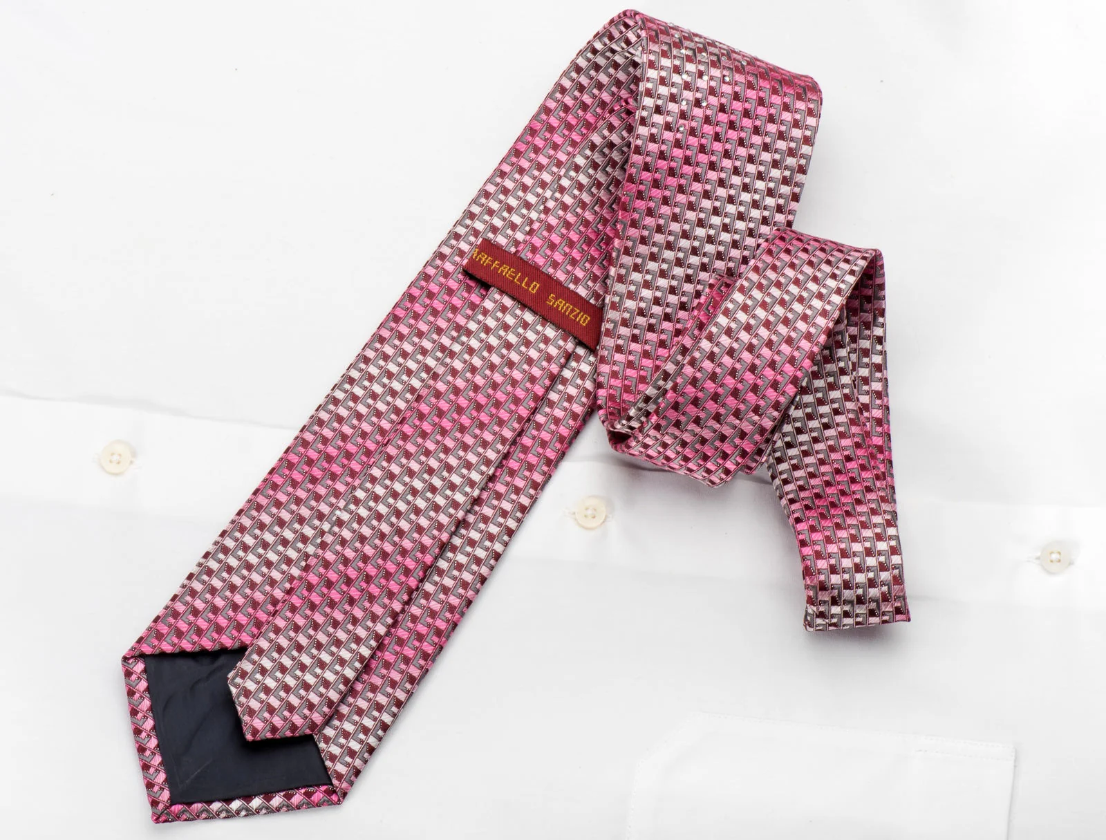 Raffaello Sanzio Mens Rhinestone Tie Pink Silver Geometric On Burgundy With Silver Sparkles - Image 4