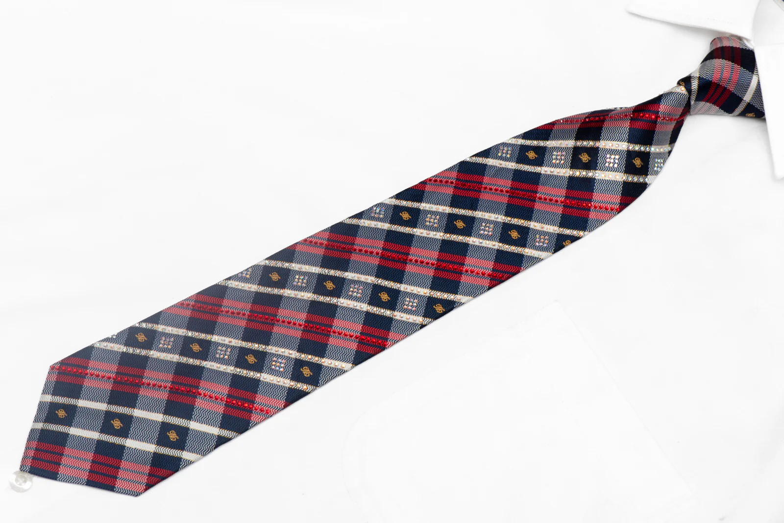 Red Blue Plaid Rhinestone Silk Necktie With Silver Sparkles - Image 2