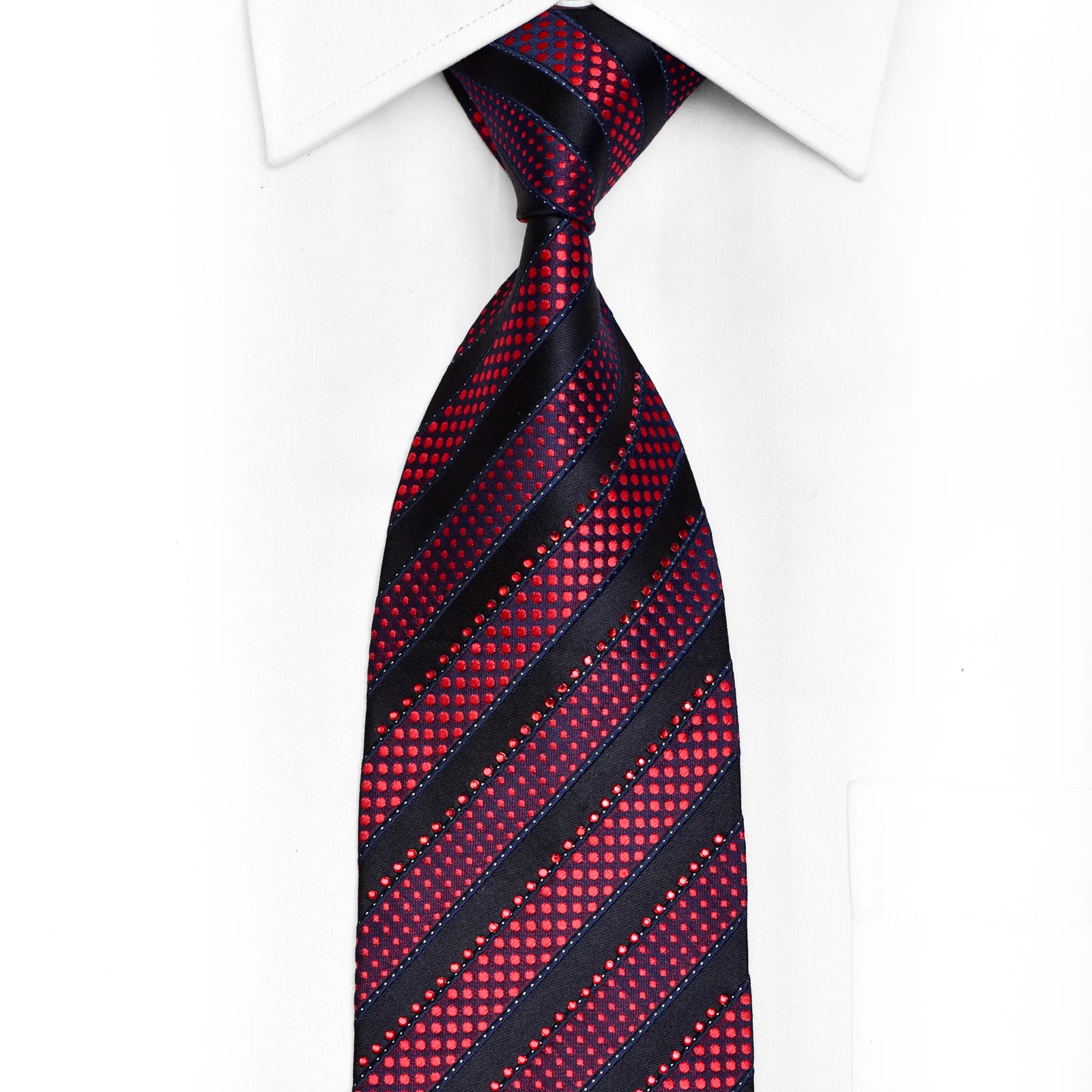 Red Dot Stripes On Navy Rhinestone Tie With Blue Sparkles