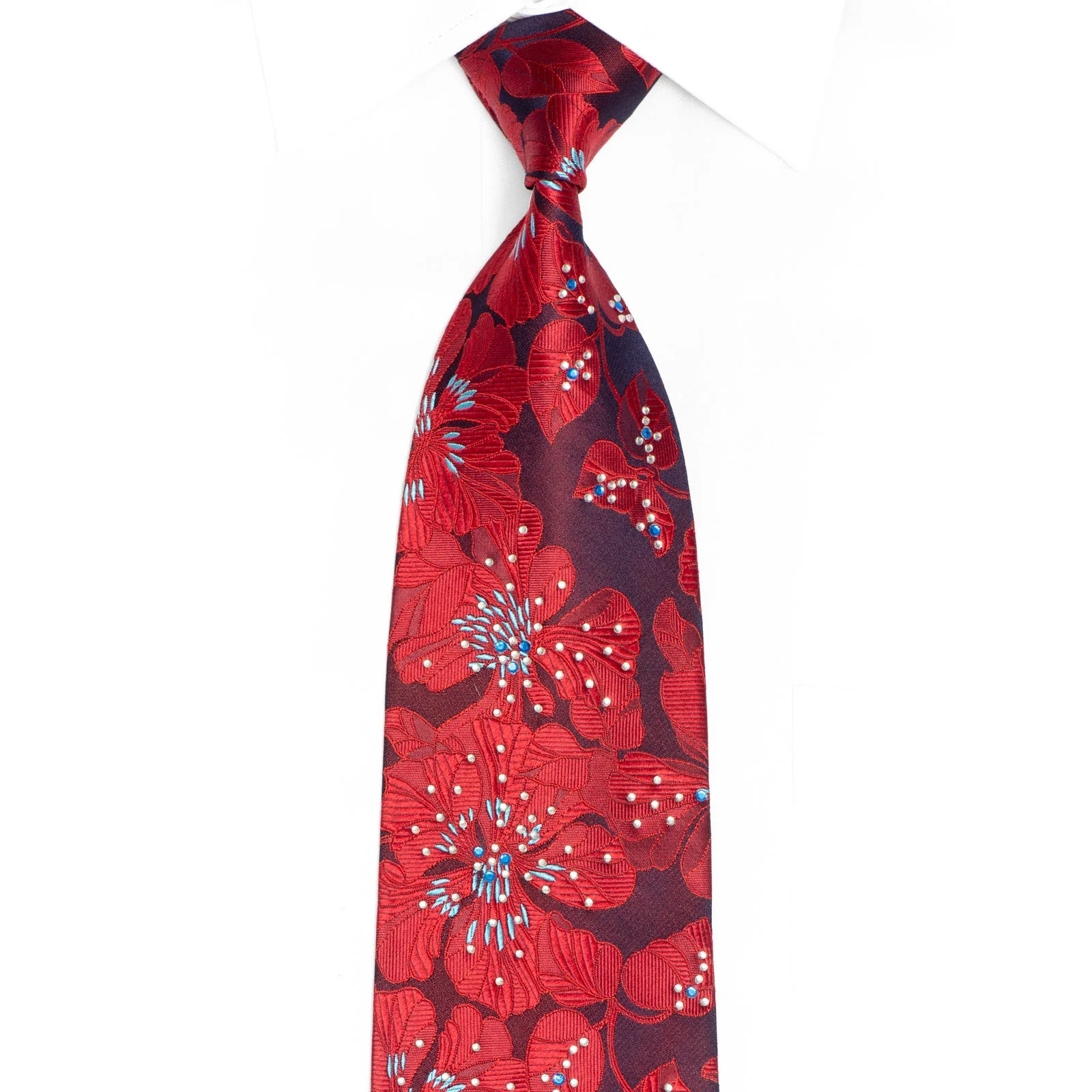 Red Floral Rhinestone Silk Necktie