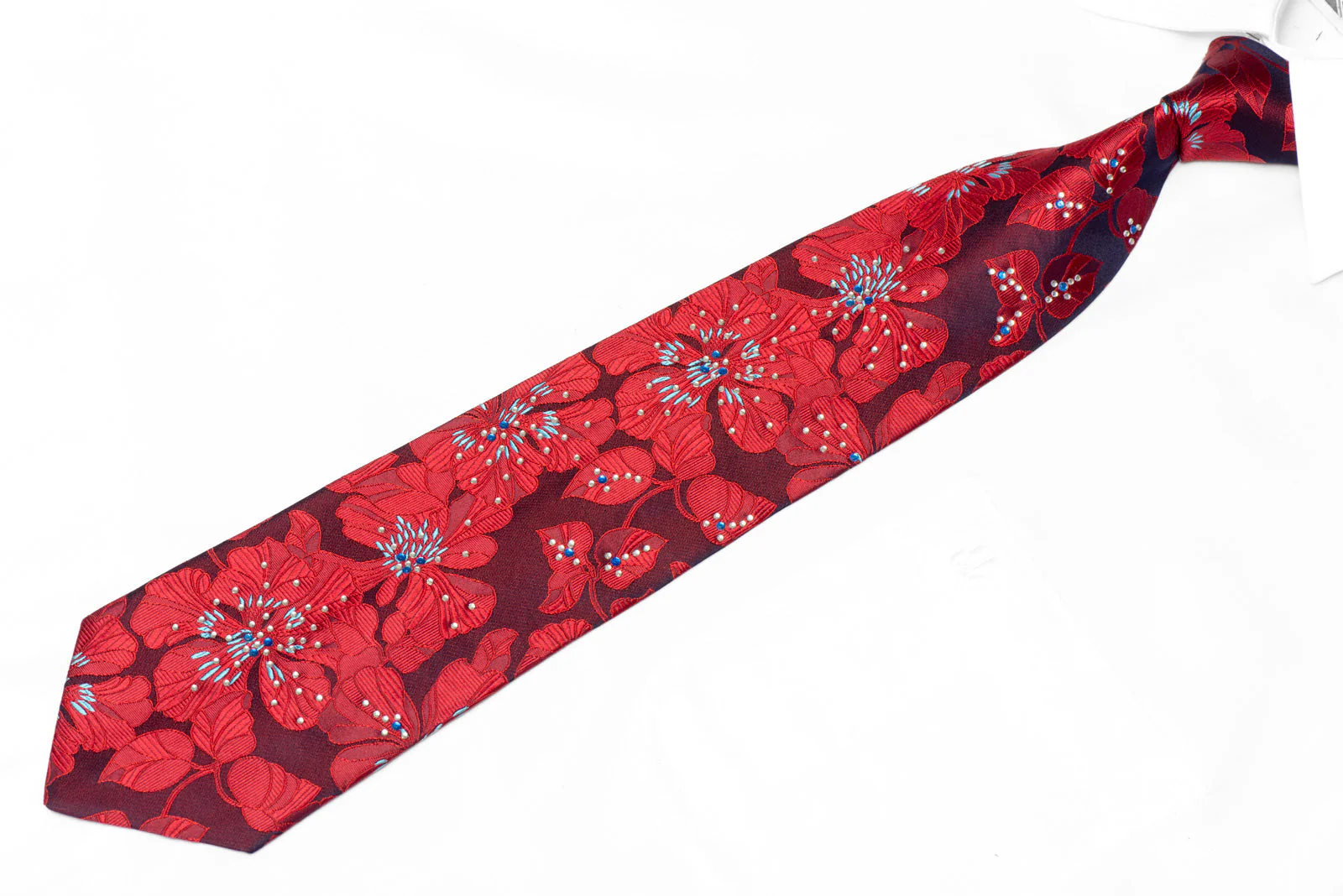 Red Floral Rhinestone Silk Necktie - Image 2