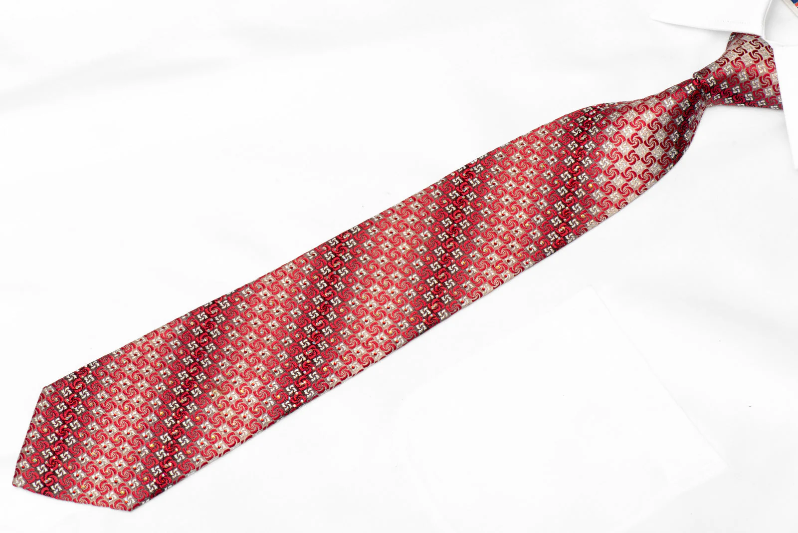 Red Geometric On Silver Rhinestone Silk Tie With Silver Sparkles - Image 2