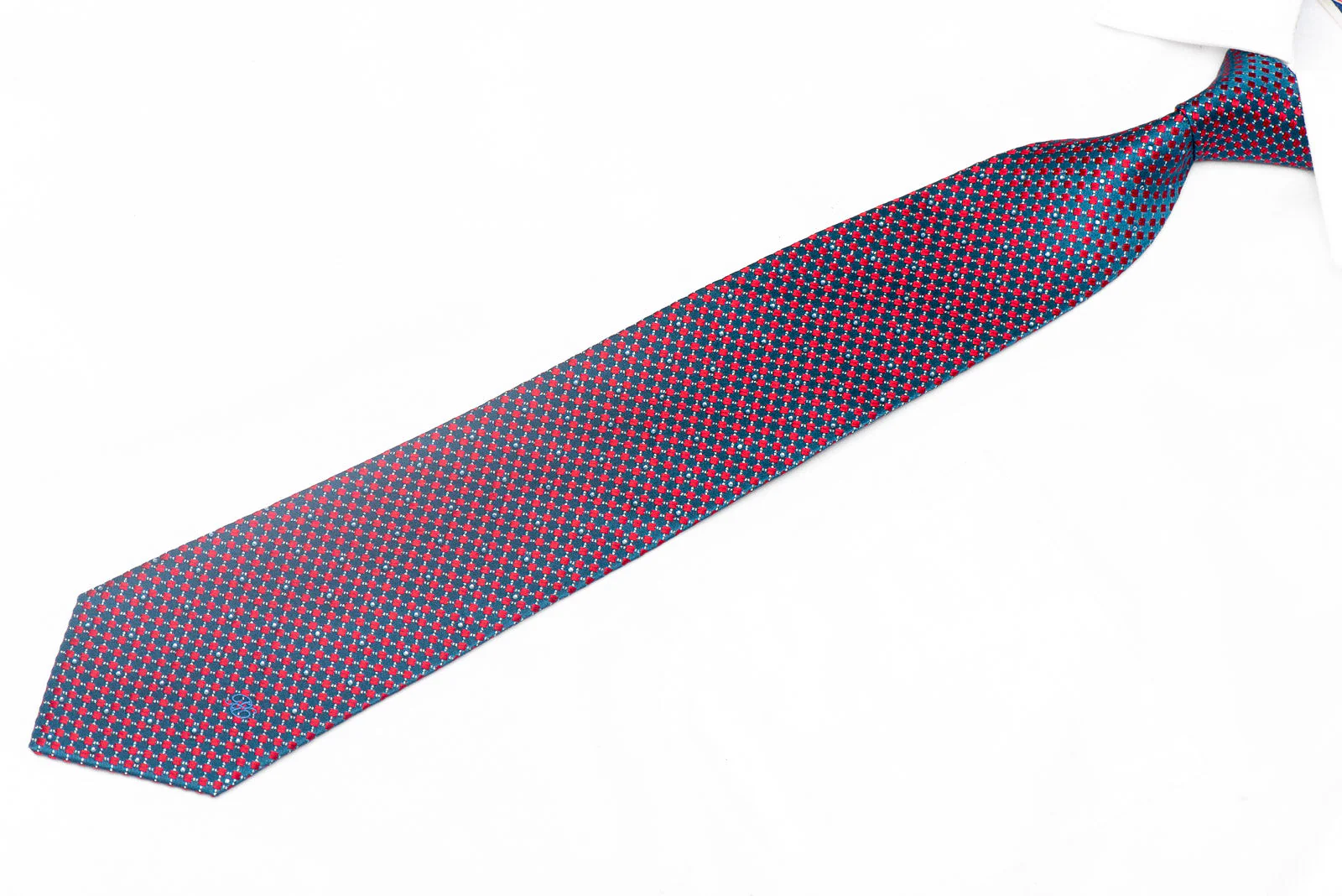 Red Micro Squares On Blue Rhinestone Silk Tie With Silver Sparkles - Image 2