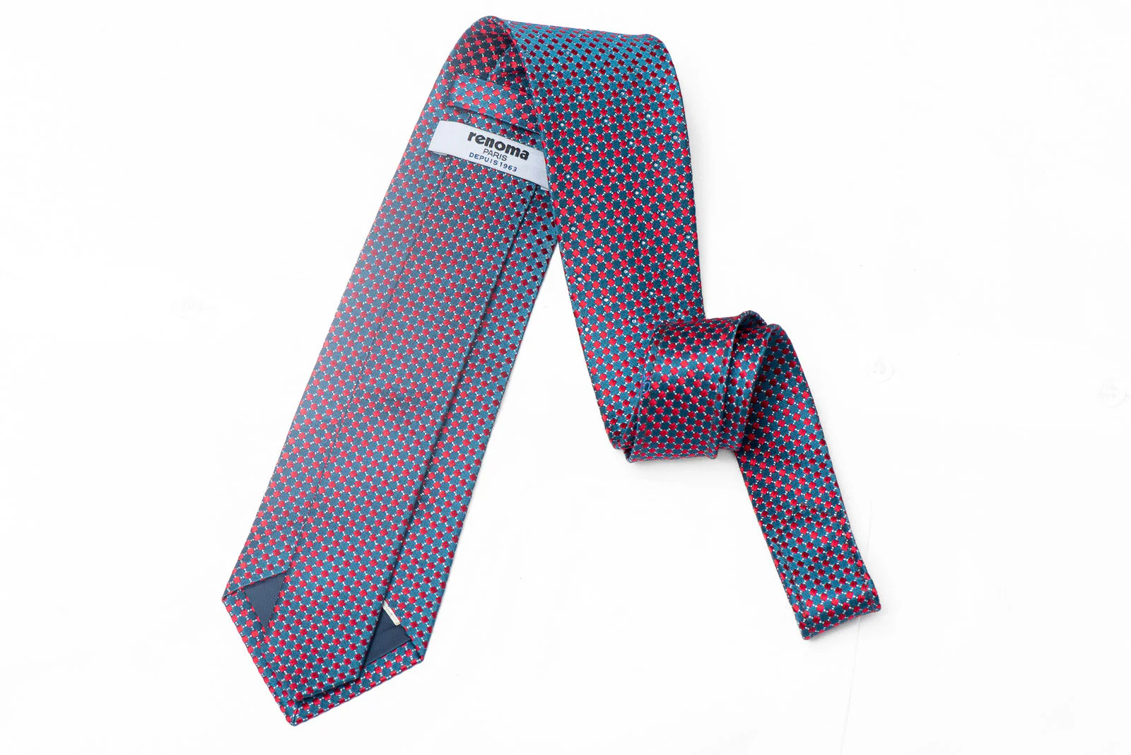 Red Micro Squares On Blue Rhinestone Silk Tie With Silver Sparkles - Image 3