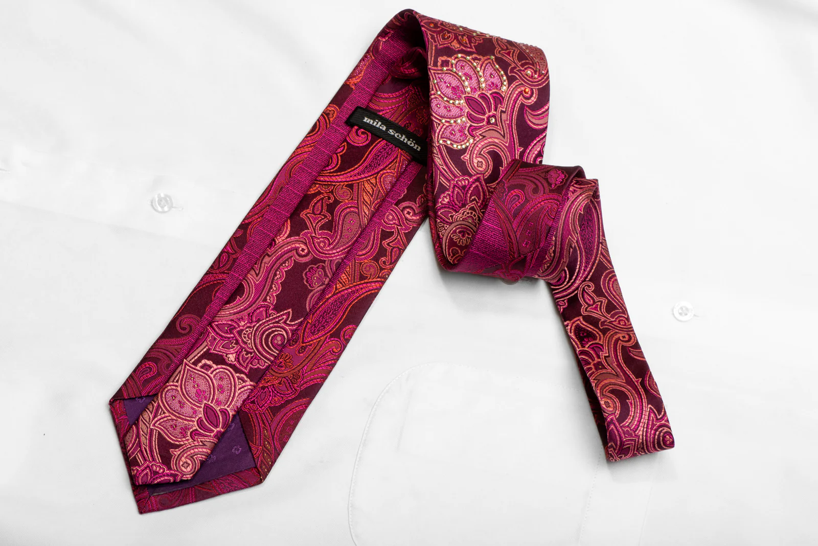 Red Purple Acanthus Paisley On Burgundy Rhinestone Silk Necktie With Purple Sparkles - Image 4