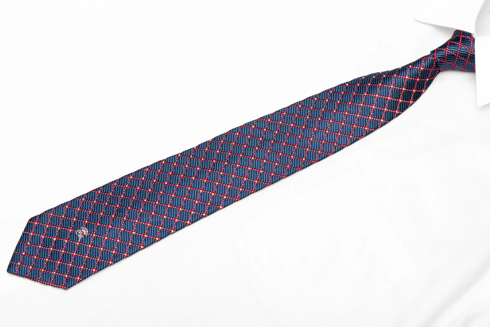 Red Trellis On Blue Rhinestone Silk Necktie With Silver Sparkles - Image 3