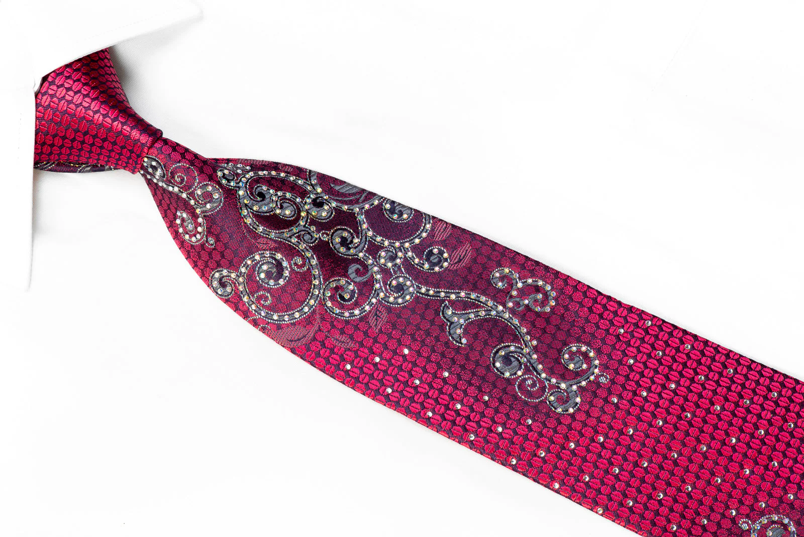 Remizio Crystal Rhinestone Silk Tie Silver Scrolls On Purple Geometric With Silver Sparkles - Image 2