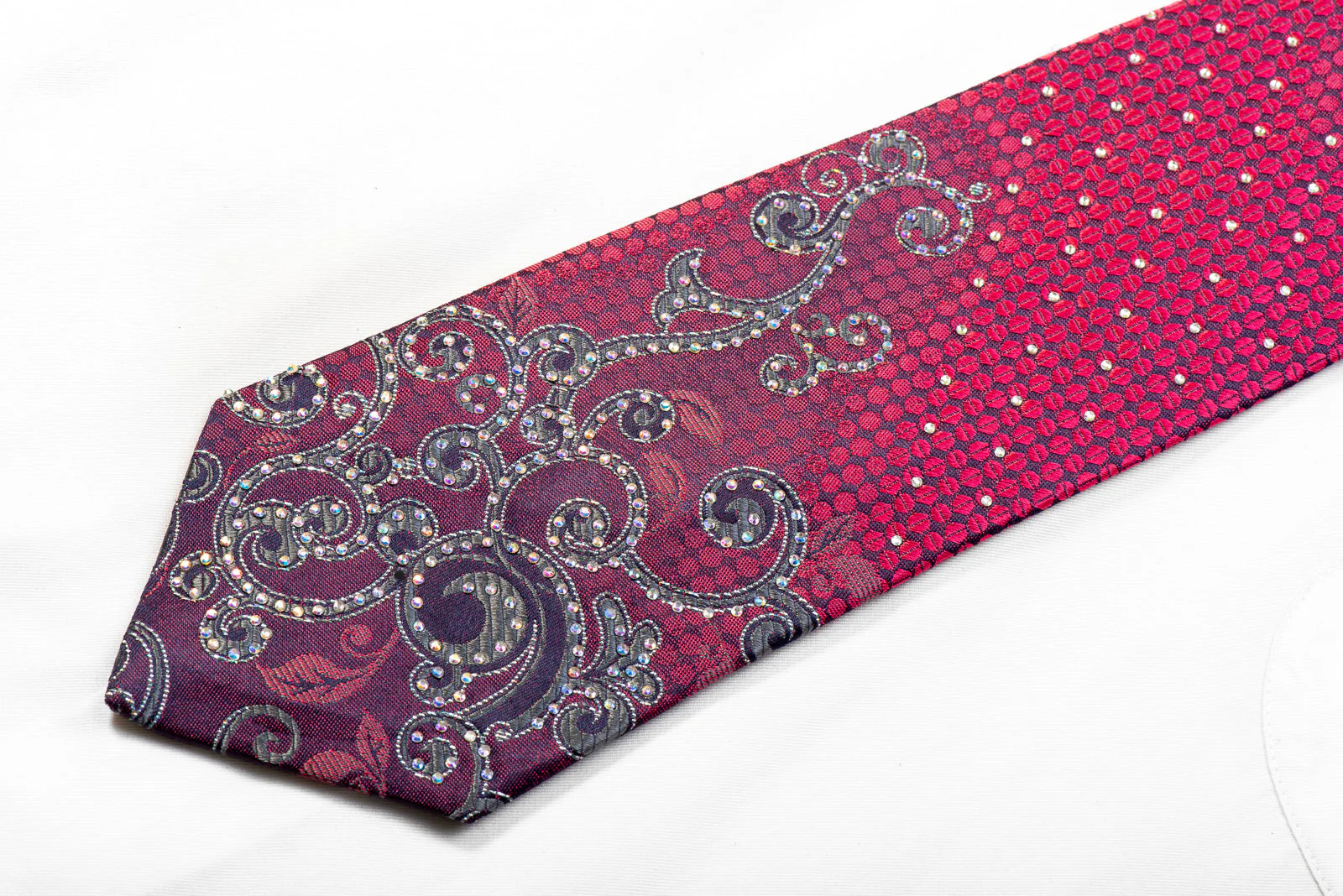 Remizio Crystal Rhinestone Silk Tie Silver Scrolls On Purple Geometric With Silver Sparkles - Image 3