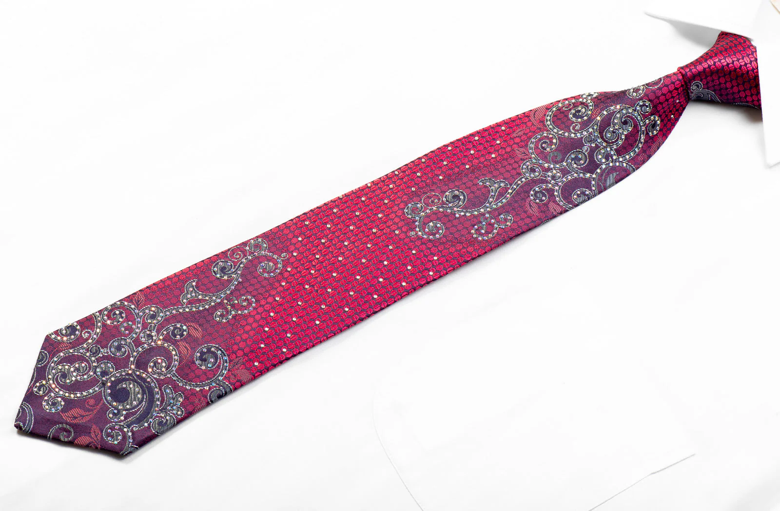 Remizio Crystal Rhinestone Silk Tie Silver Scrolls On Purple Geometric With Silver Sparkles - Image 4