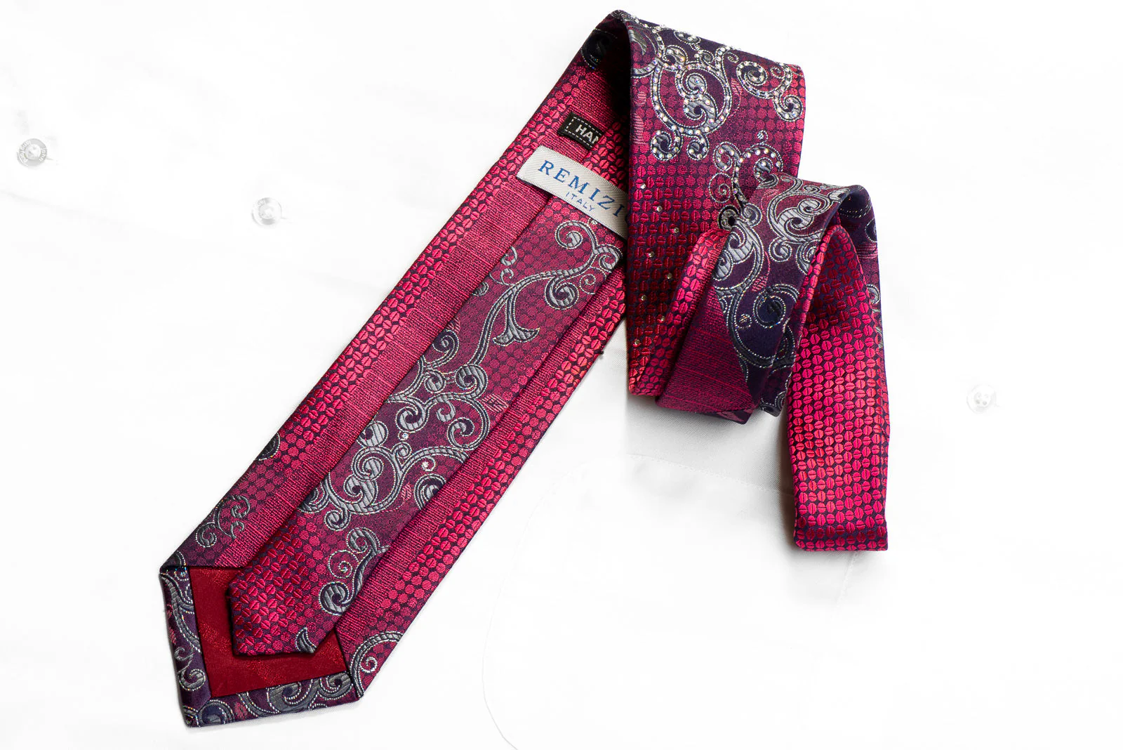 Remizio Crystal Rhinestone Silk Tie Silver Scrolls On Purple Geometric With Silver Sparkles - Image 5