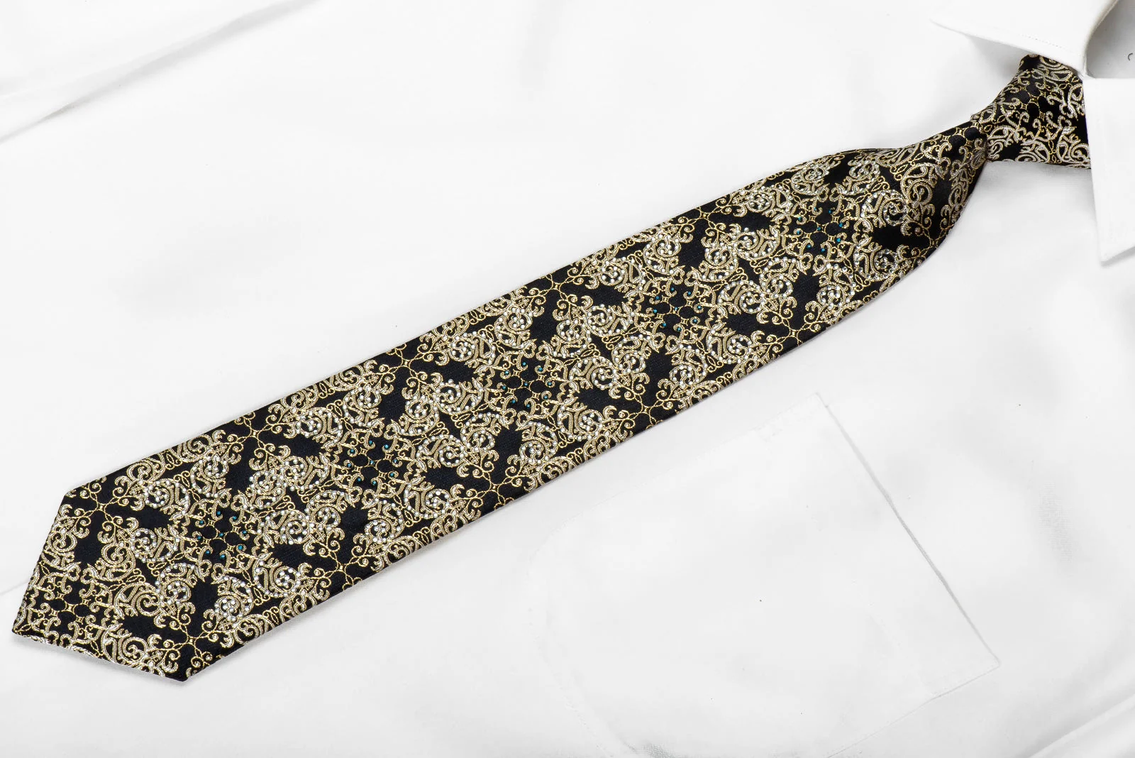 Remizio Men's Crystal Rhinestone Silk Necktie Gold Damask On Black With Sparkles - Image 4