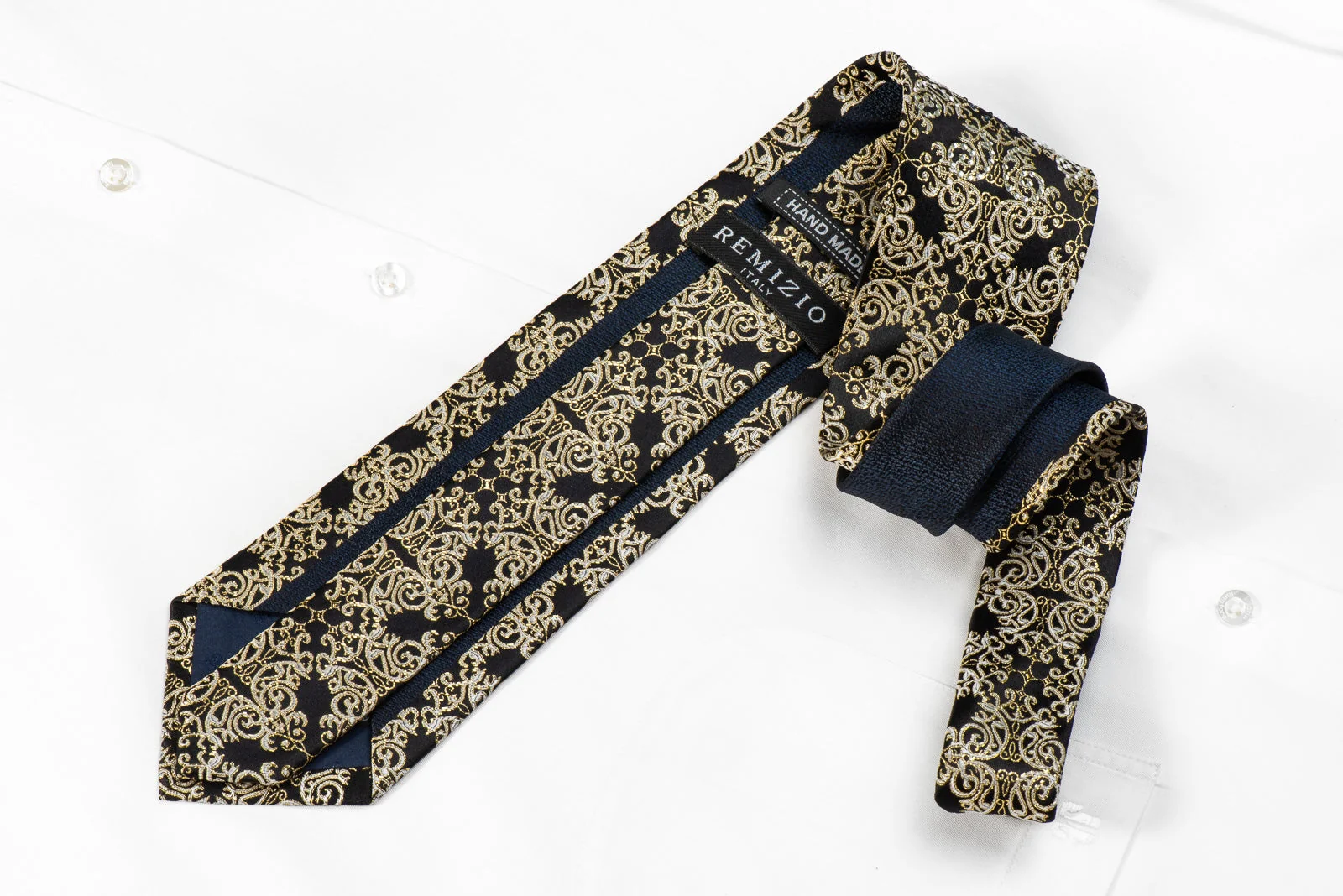 Remizio Men's Crystal Rhinestone Silk Necktie Gold Damask On Black With Sparkles - Image 5