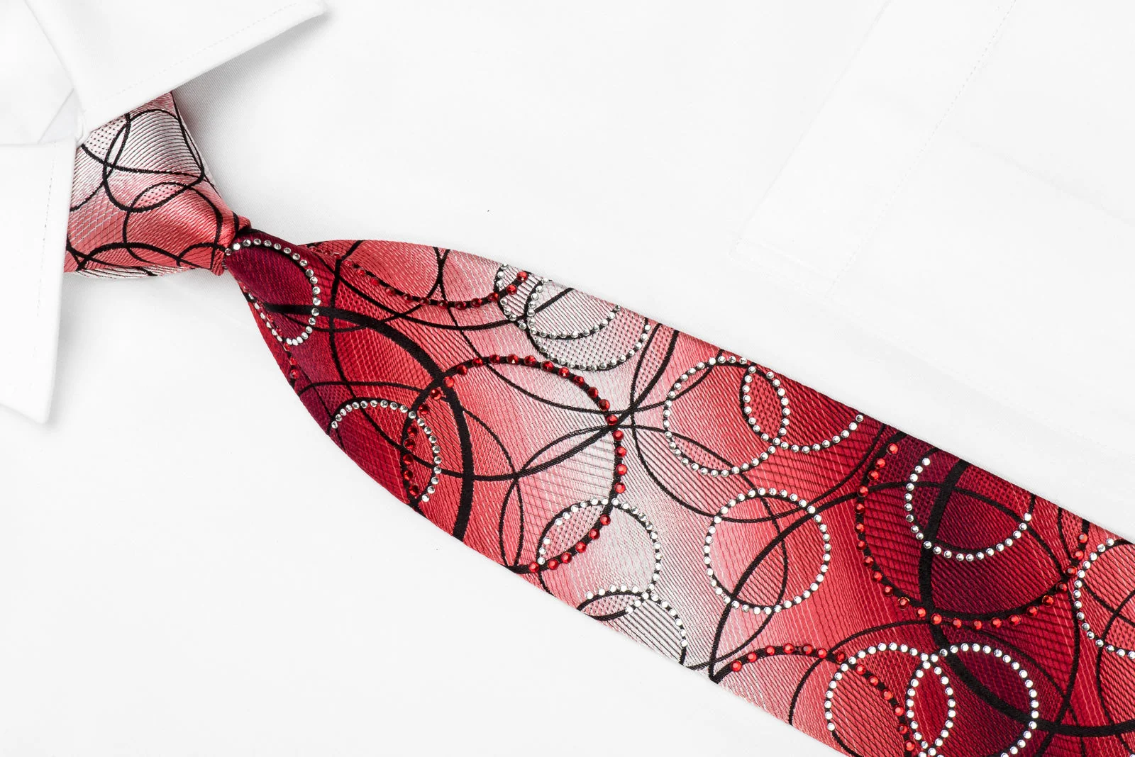 Remizio Men's Crystal Silk Necktie Black Circles On Red Silver Sparkling With Rhinestones - Image 2