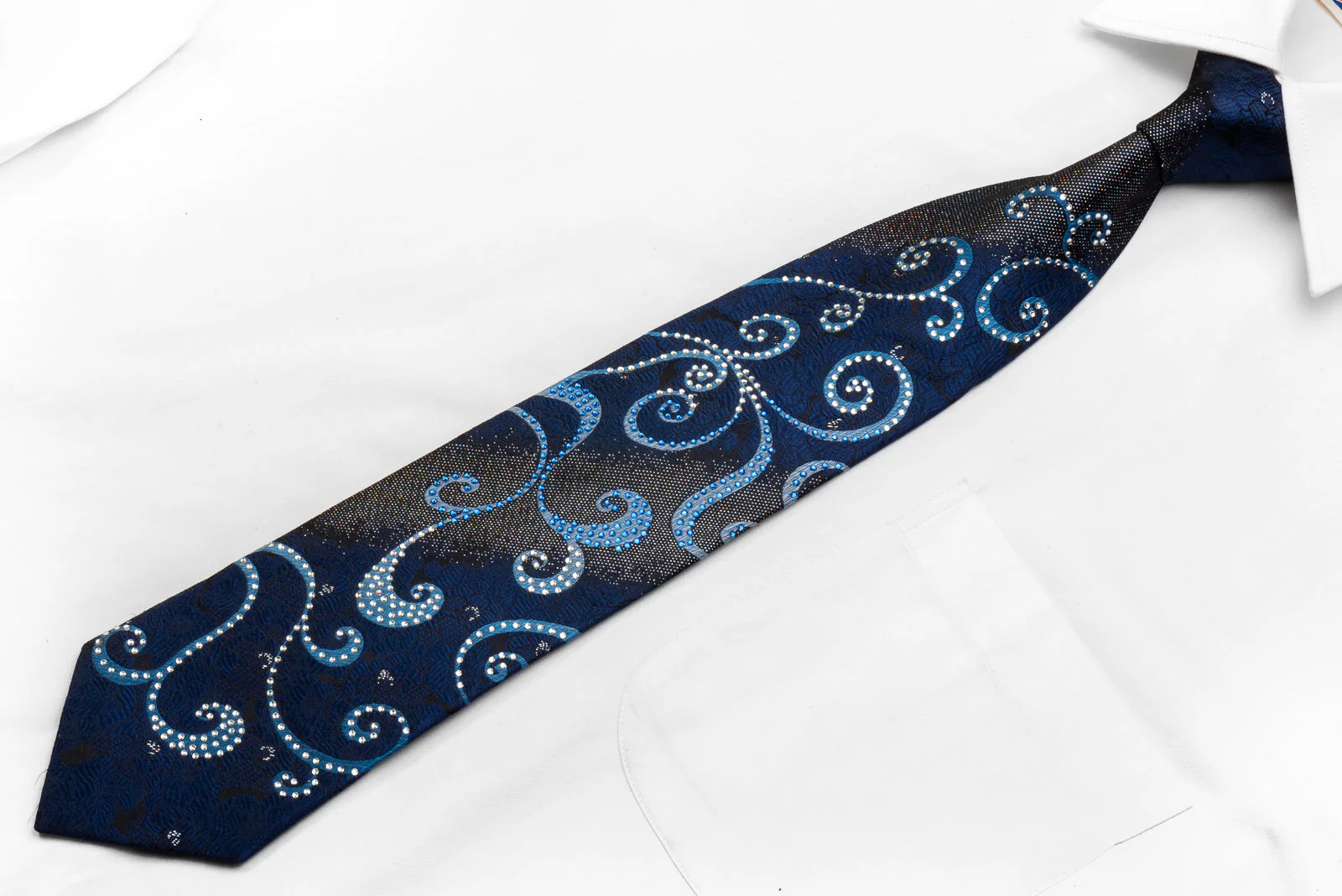 Remizio Men's Rhinestone Silk Necktie Blue Scrolls On Black With Silver Sparkles - Image 3