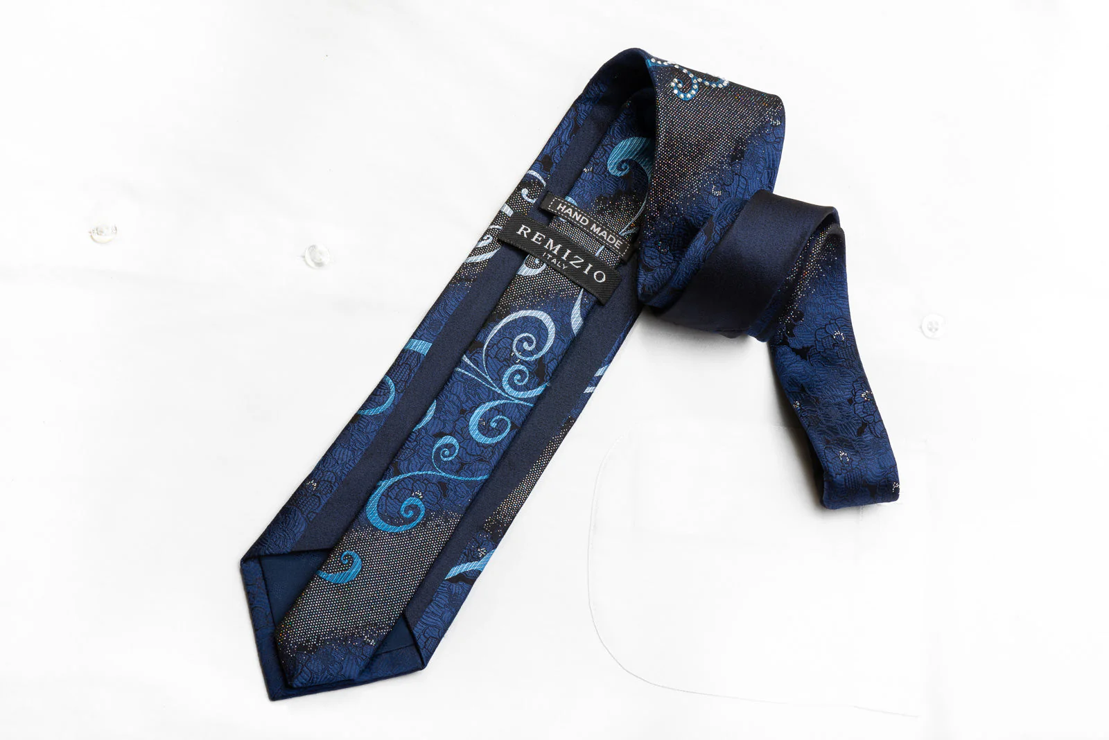 Remizio Men's Rhinestone Silk Necktie Blue Scrolls On Black With Silver Sparkles - Image 4