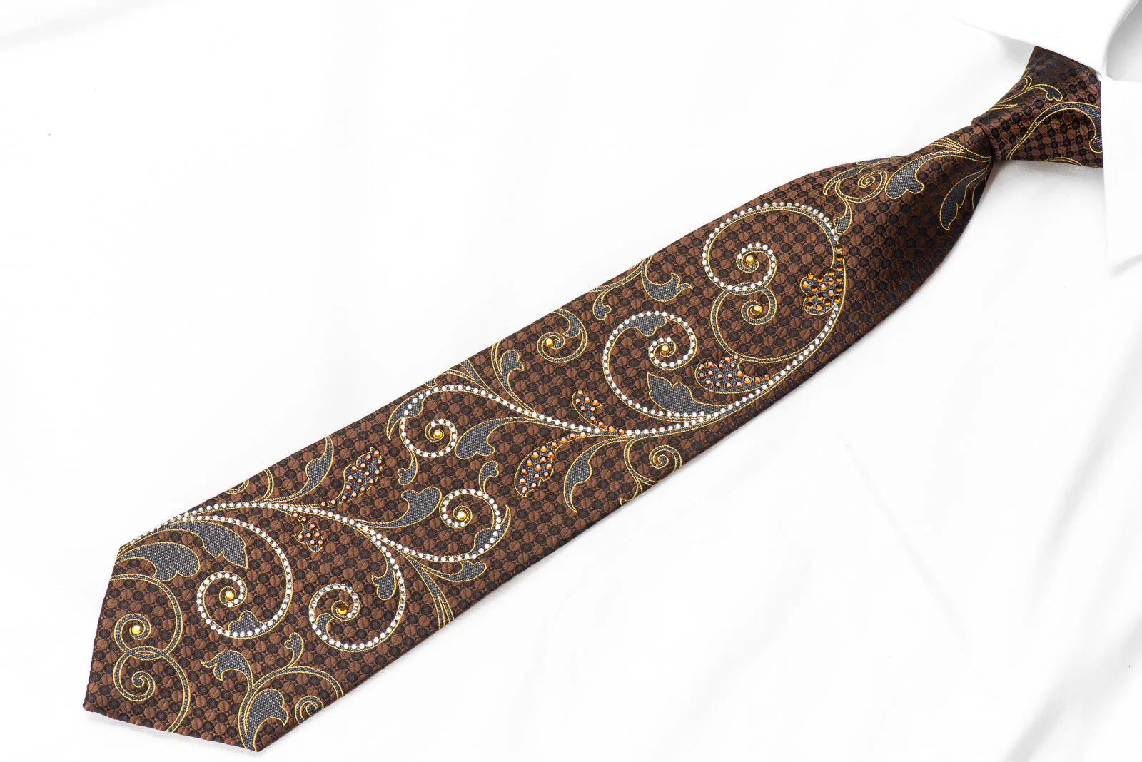 Men's Rhinestone Tie Scrolls On Brown With Silver Sparkles - Image 4