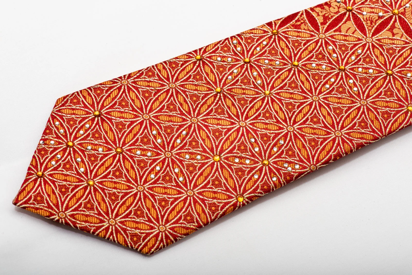 Remizio Men's Silk Necktie Golden Floral On Red Sparkling With Rhinestones - Image 3