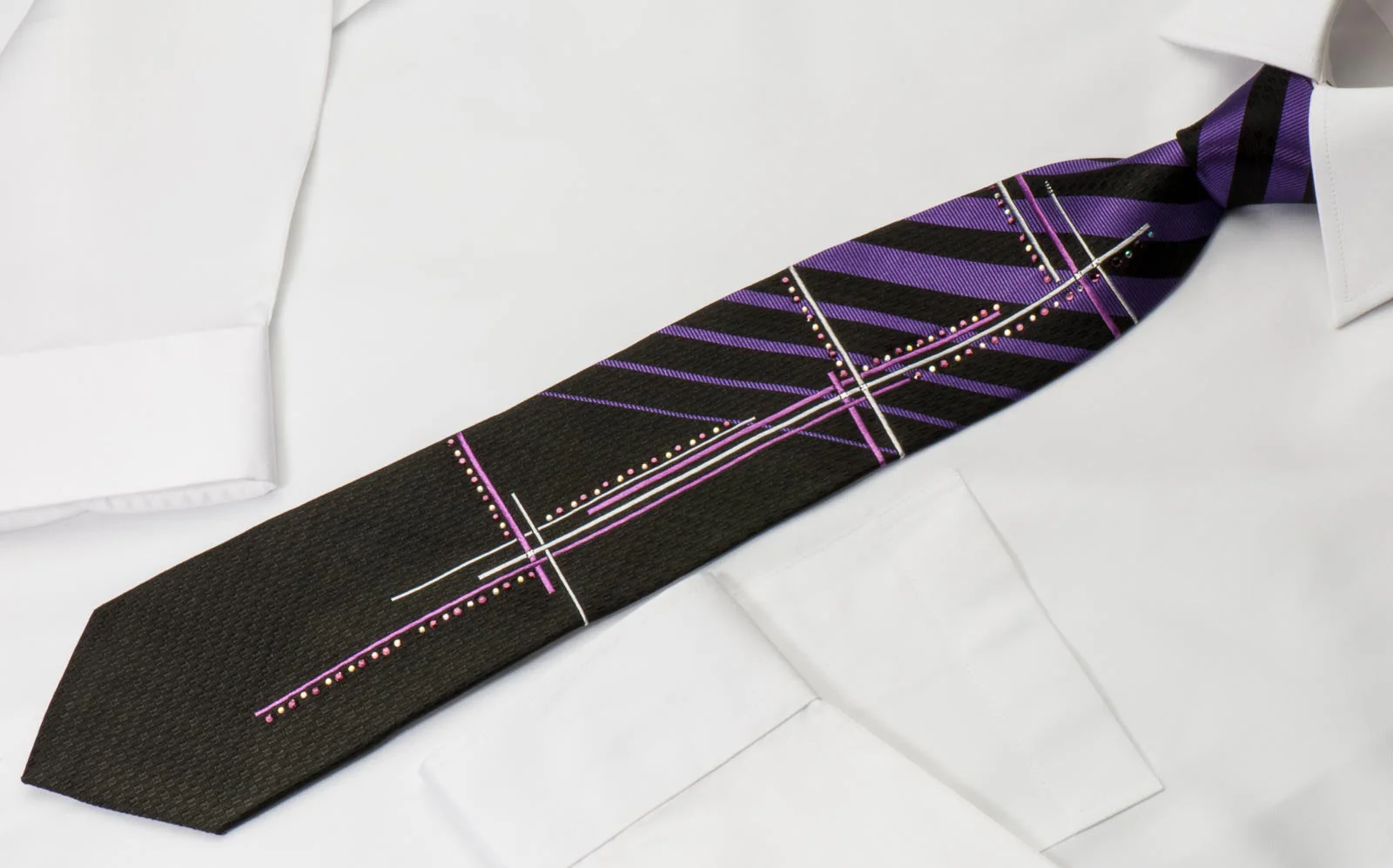 Remizio Men's Silk Necktie Purple Stripes & Geometric Pattern On Black With Rhinestones - Image 3