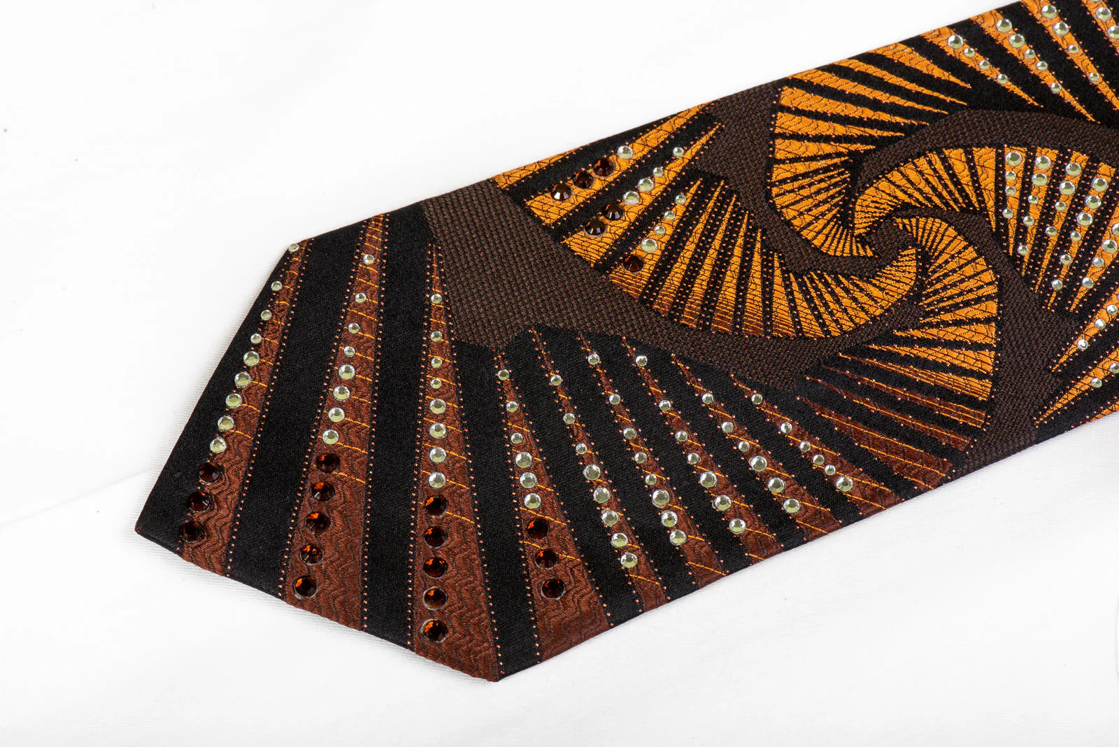 Remizio Men's Silk Rhinestone Necktie Silver Orange Geometric On Brown Black - Image 3