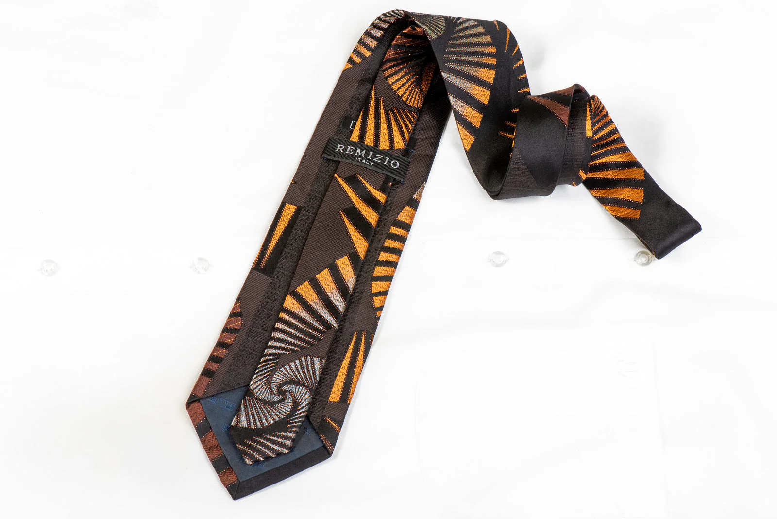 Remizio Men's Silk Rhinestone Necktie Silver Orange Geometric On Brown Black - Image 5