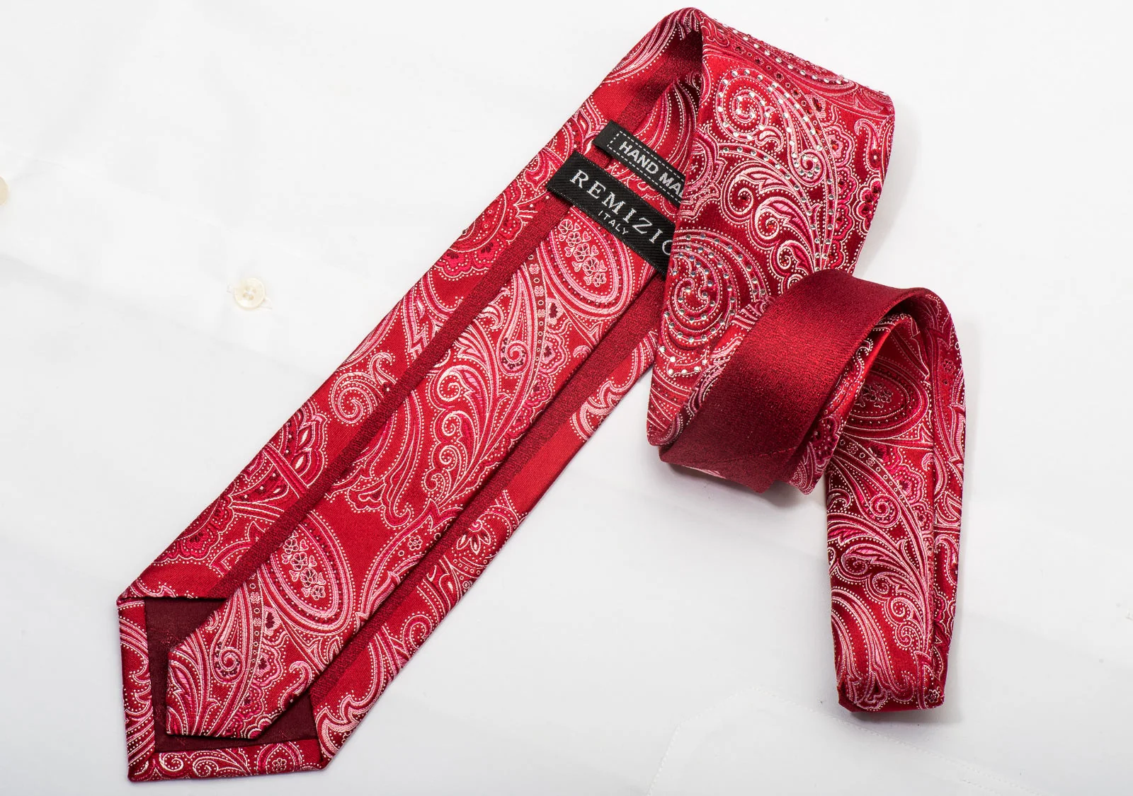 Remizio Men's Silk Tie Paisley On Red Sparkling With Rhinestones - Image 5