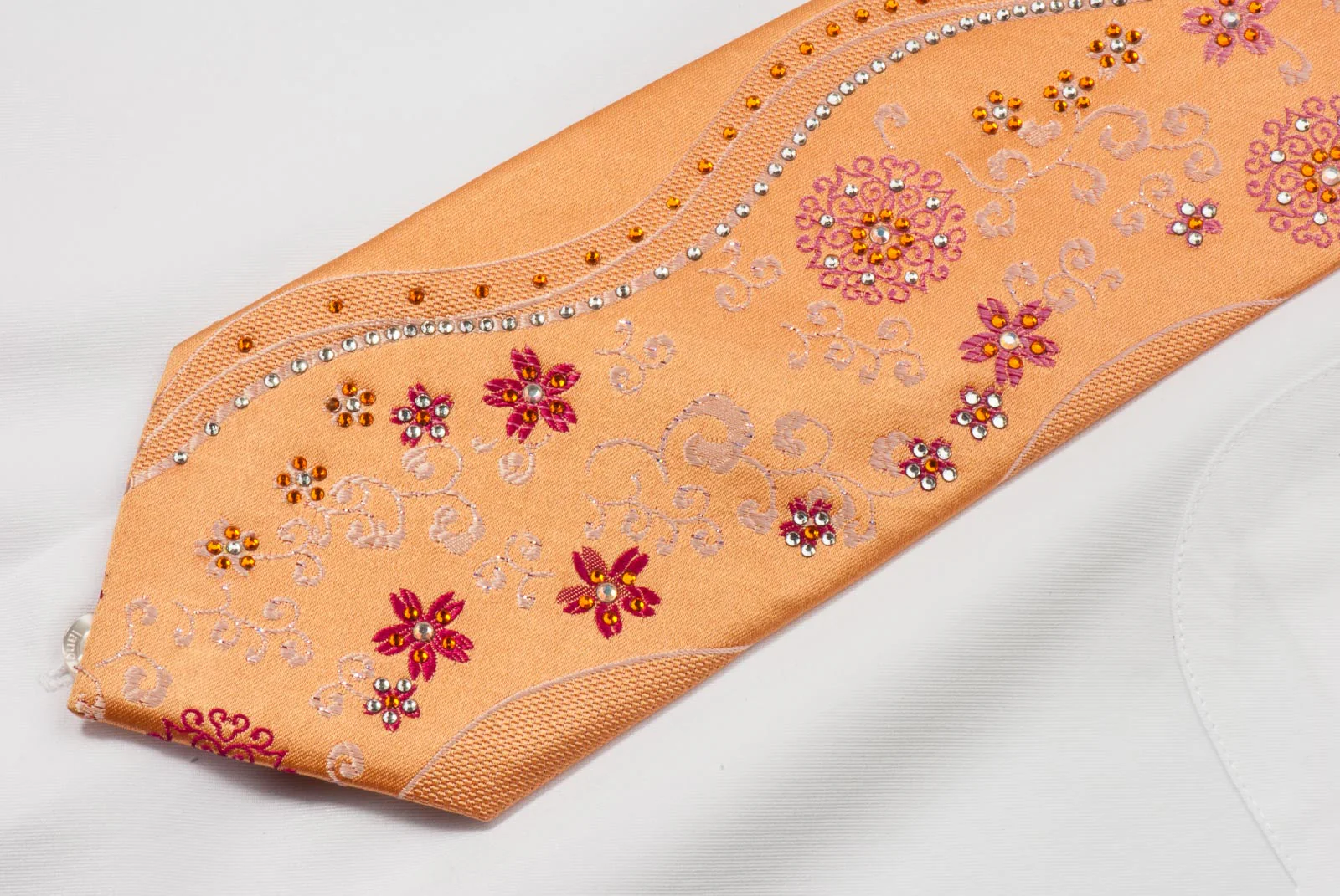 Remizio Men's Woven Silk Rhinestone Tie Floral On Peach Orange With Sparkles - Image 2