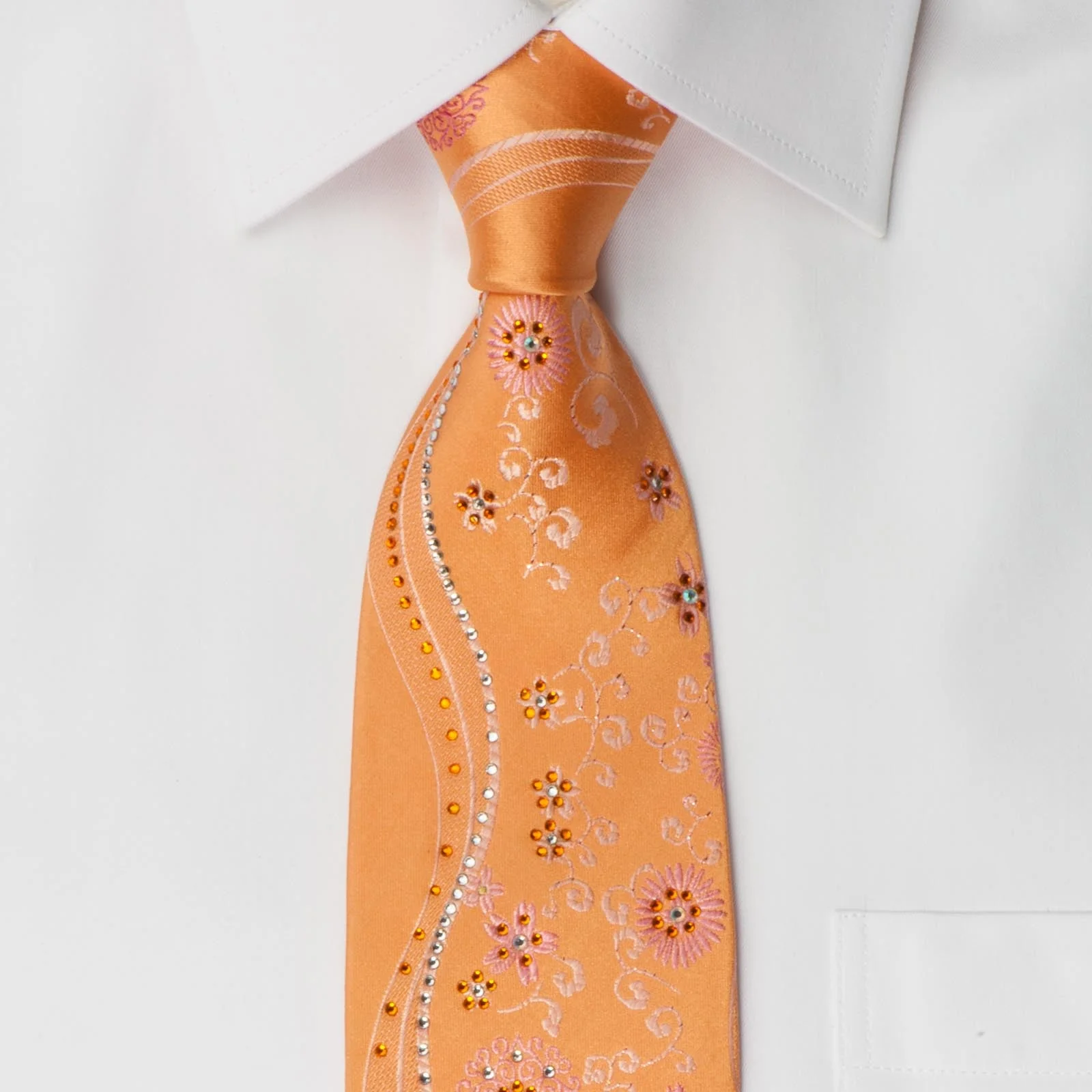 Remizio Men's Woven Silk Rhinestone Tie Floral On Peach Orange With Sparkles - Image 3