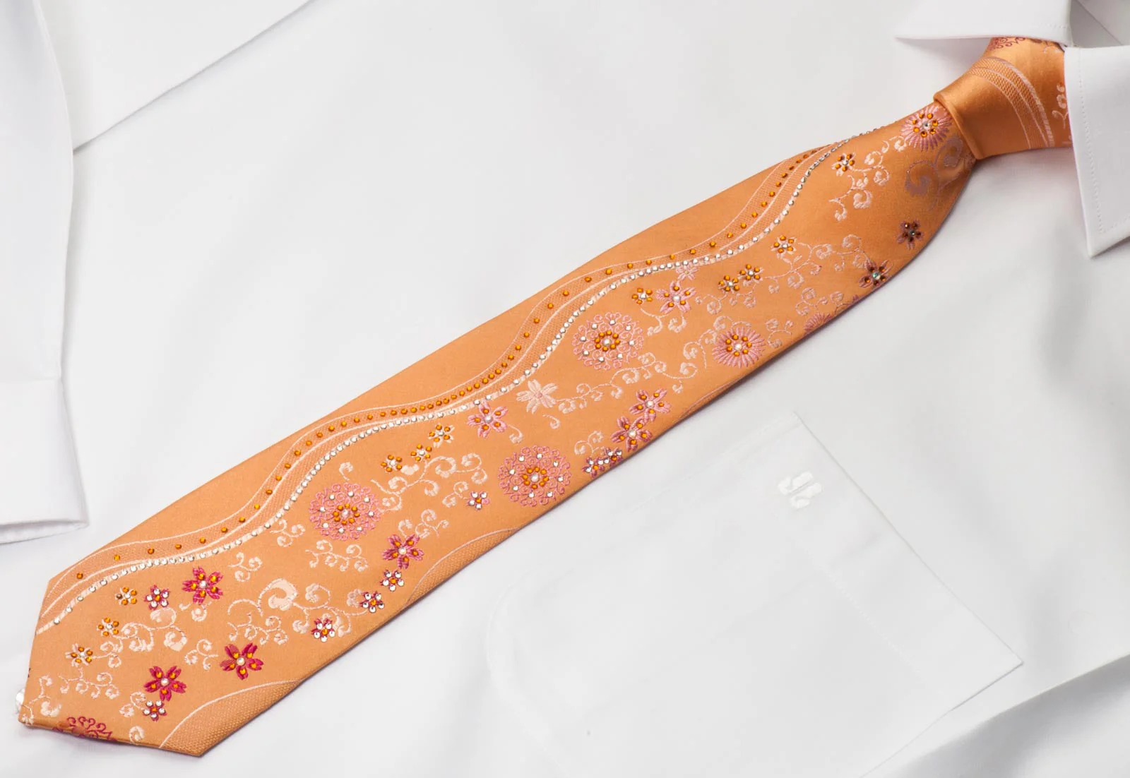 Remizio Men's Woven Silk Rhinestone Tie Floral On Peach Orange With Sparkles - Image 7