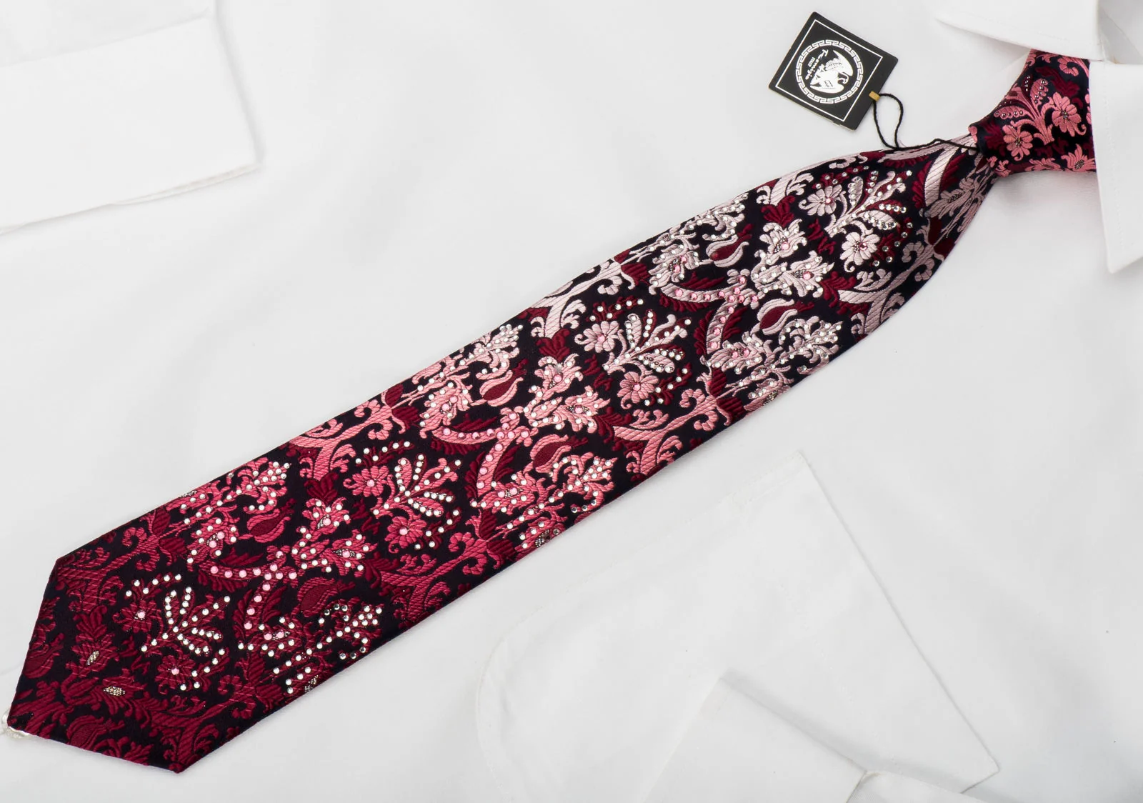 Remizio Rhinestone Silk Necktie Burgundy Damask On Navy Blue With Silver Sparkles - Image 3