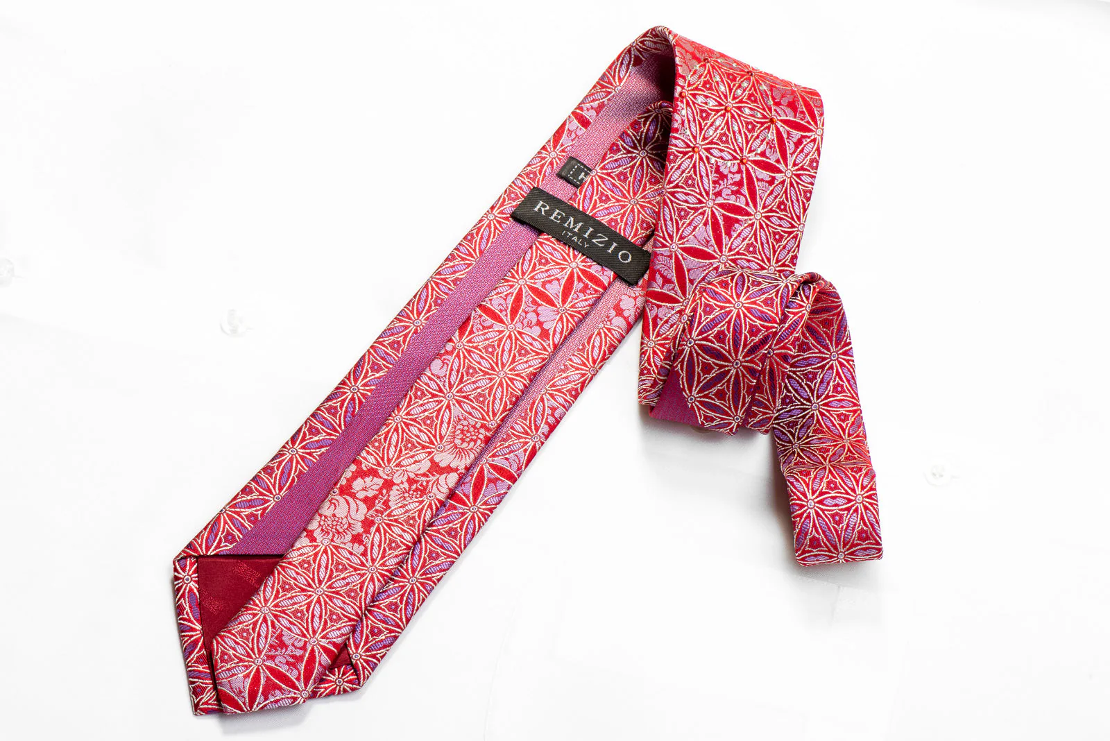 Remizio Rhinestone Silk Necktie Geometric Floral On Red With Sparkles - Image 4