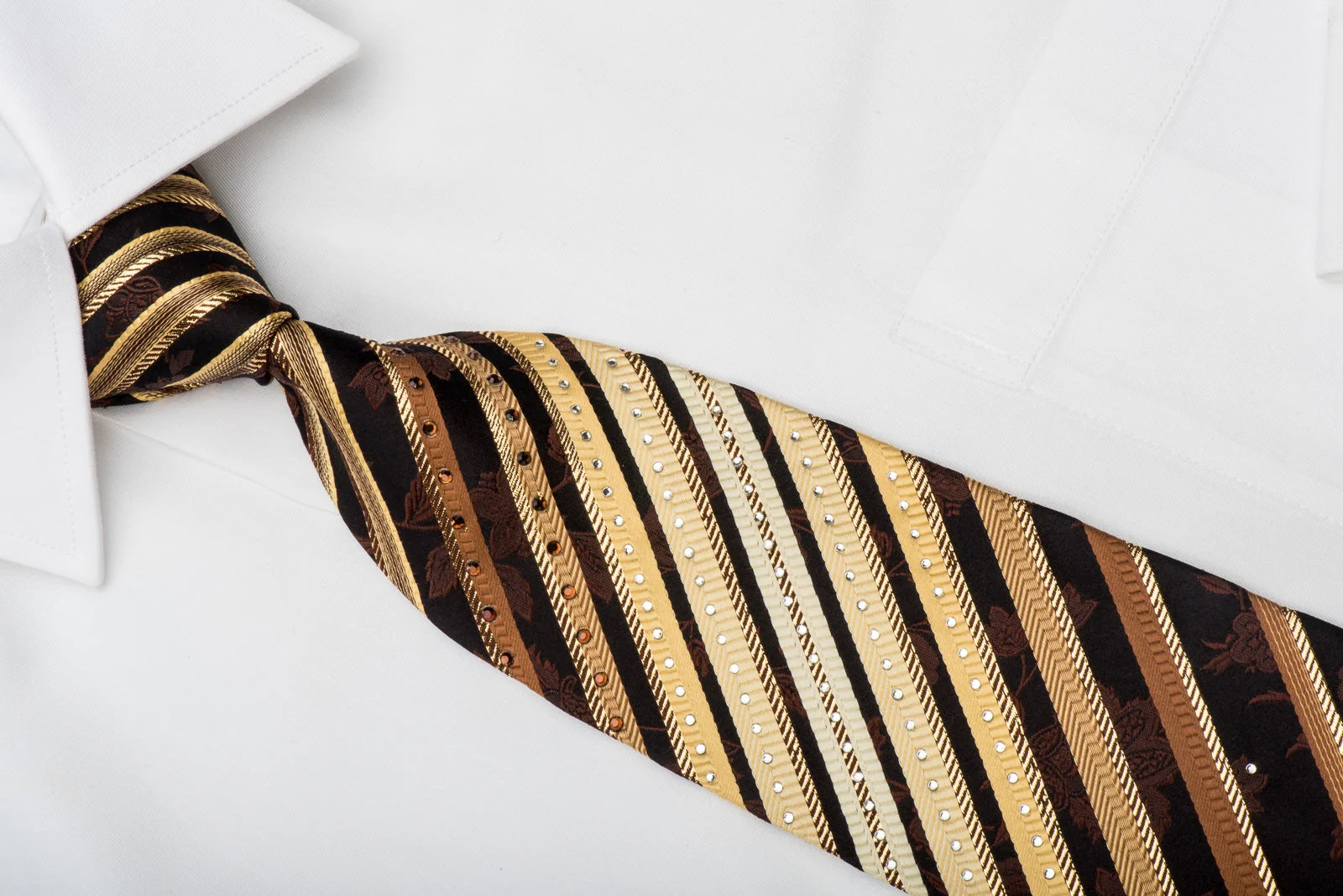 Remizio Rhinestone Silk Necktie Golden Stripes & Floral On Dark Brown With Gold Sparkles - Image 2