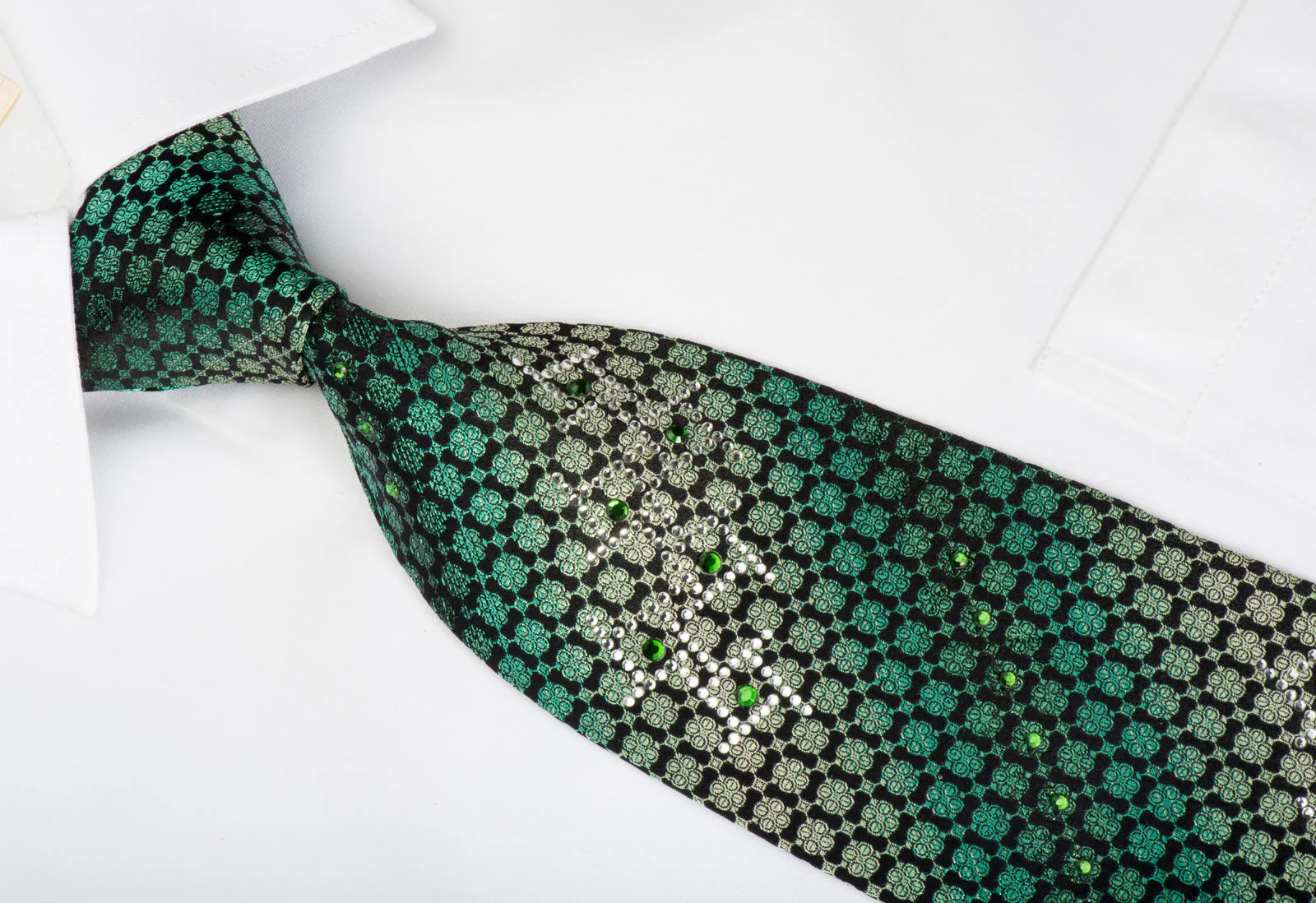 Remizio Rhinestone Silk Necktie Green Quatrefoil On Black With Green Sparkles - Image 4