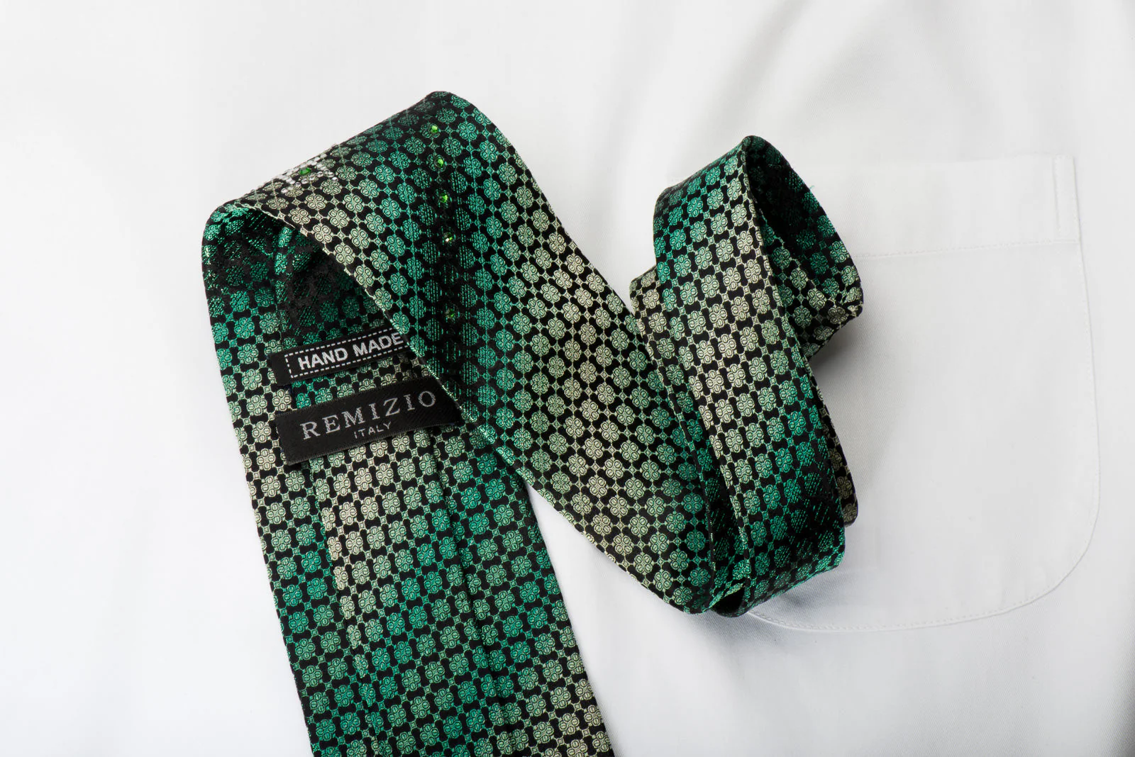 Remizio Rhinestone Silk Necktie Green Quatrefoil On Black With Green Sparkles - Image 6